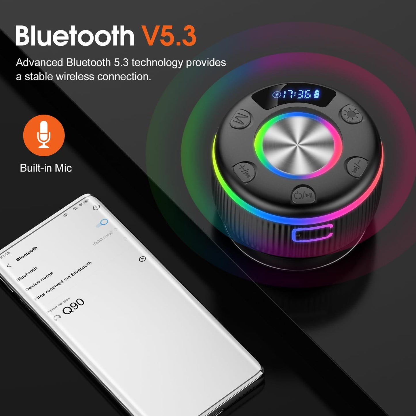 PRSCFUM Bluetooth Lautsprecher, Musikbox Bluetooth, Bluetooth 5.3 Box, IP7 wasserdichte Klein Lautsprecher mit Licht, Badezimmerlautsprecher mit Saugnapf, für Badezimmer, Party, Reisen (NEU) Alcovic