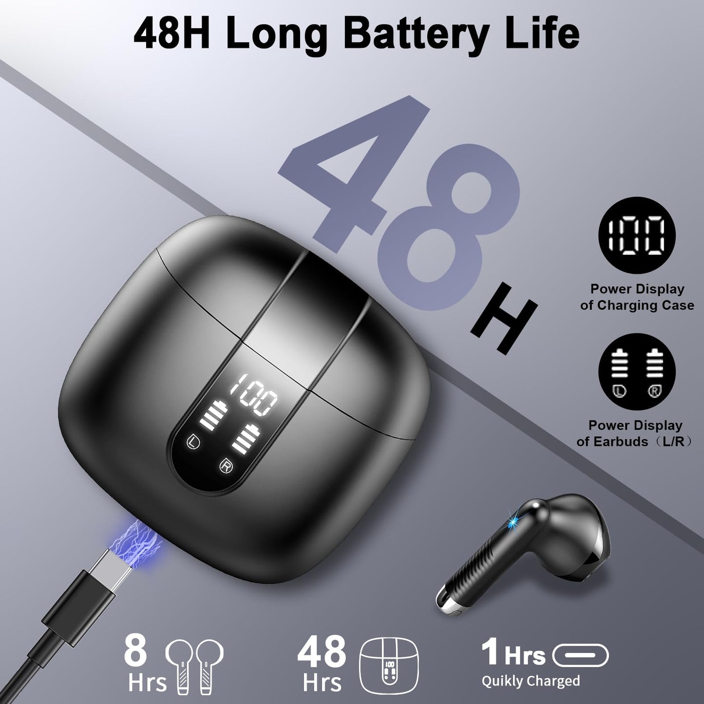 Bluetooth In-Ear Kopfhörer – Kabellos, Bluetooth 5.4, 48 h, 4 ENC Mics, Tiefer Bass, IPX7, USB-C, LED-Anzeige