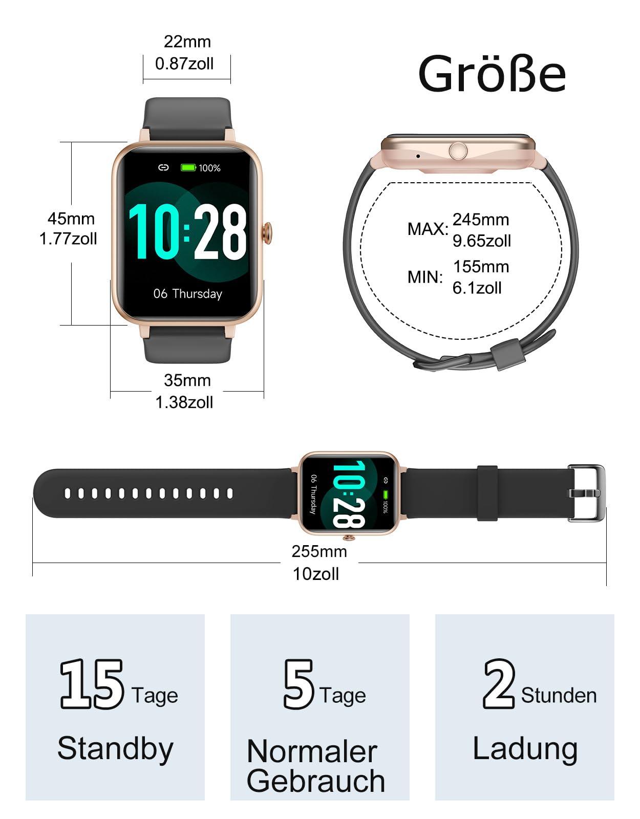GRV Smartwatch für Damen Herren mit Telefonfunktion,Fitnessuhr mit Herzfrequenzmessung,SpO2,Schrittzähler,Schlafmonitor,Multi Trainingsmodi für iOS Android Handy Alcovic