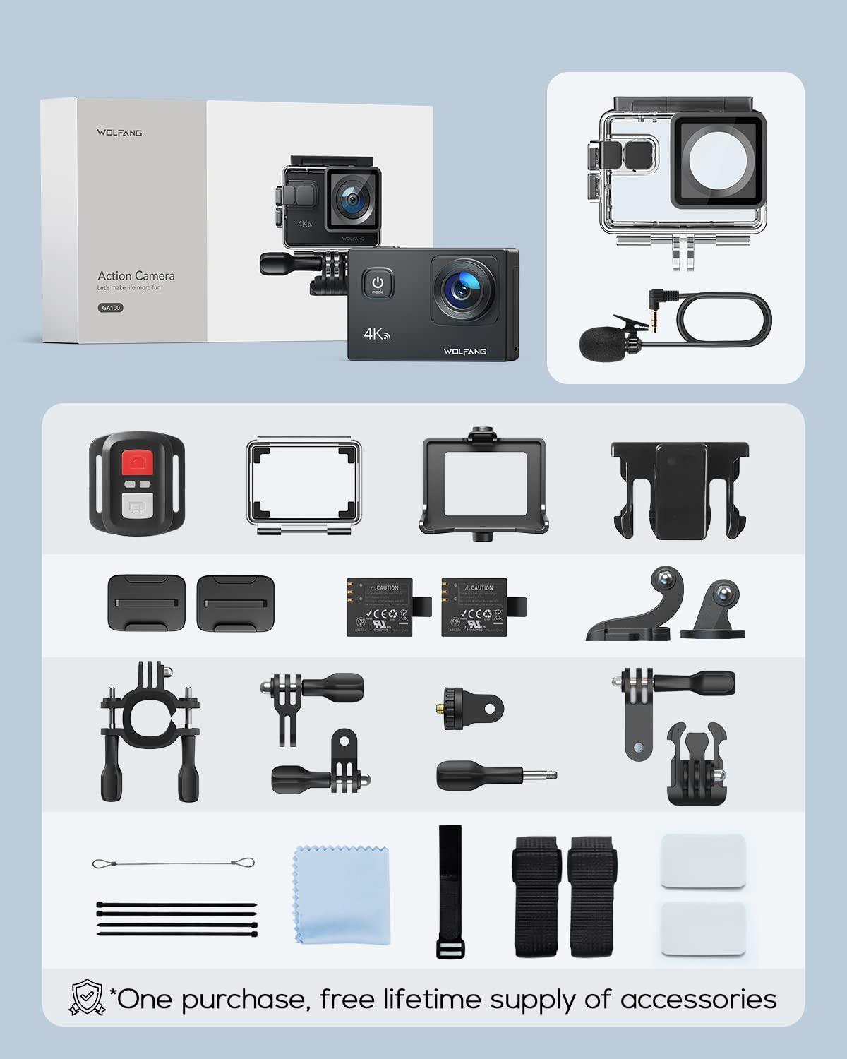 WOLFANG Action Cam 4K30FPS 20MP mit 32GB microSDXC Speicherkarte WiFi 40M Unterwasserkamera Wasserdicht EIS Actioncam Fernregler Mikrofon Zubehör Kit - Alcovic