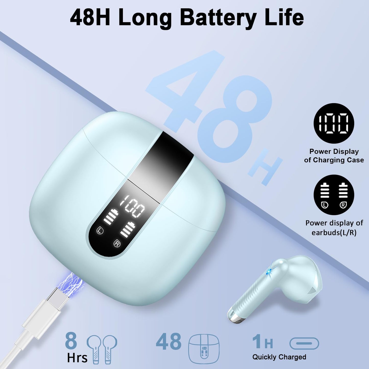 Bluetooth In-Ear Kopfhörer – Kabellos, Bluetooth 5.4, 48 h, 4 ENC Mics, Tiefer Bass, IPX7, USB-C, LED-Anzeige
