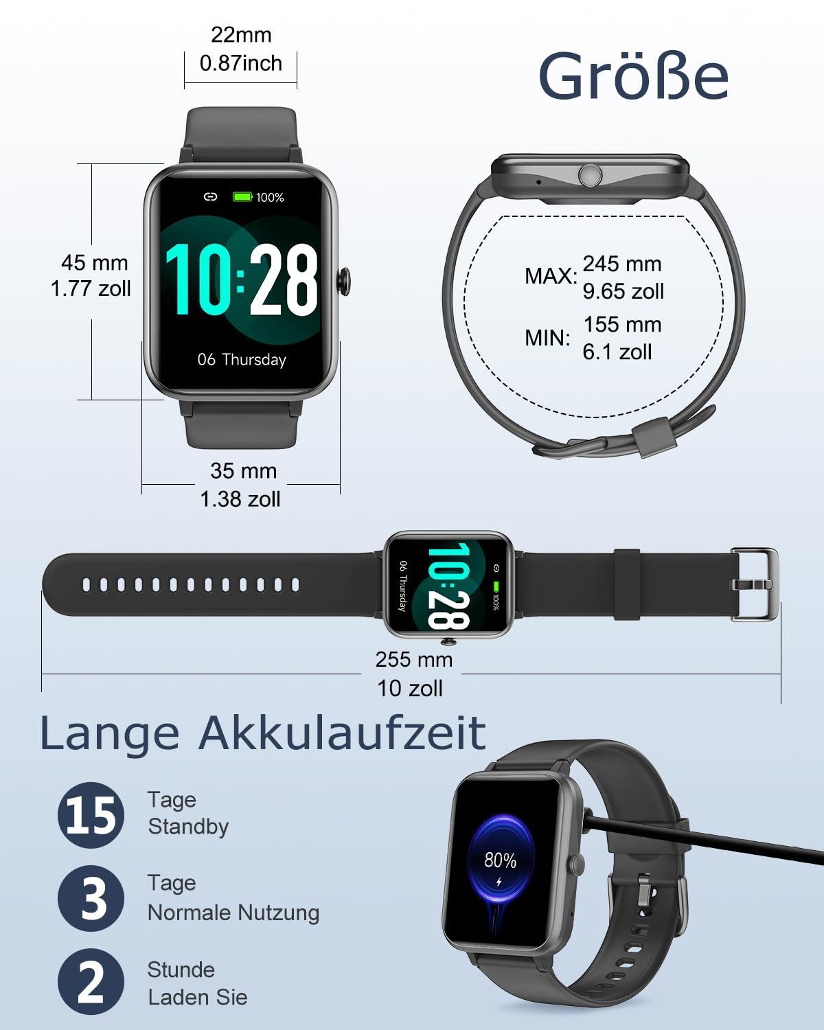 GRV Smartwatch für Damen Herren mit Telefonfunktion,Fitnessuhr mit Herzfrequenzmessung,SpO2,Schrittzähler,Schlafmonitor,Multi Trainingsmodi für iOS Android Handy Alcovic