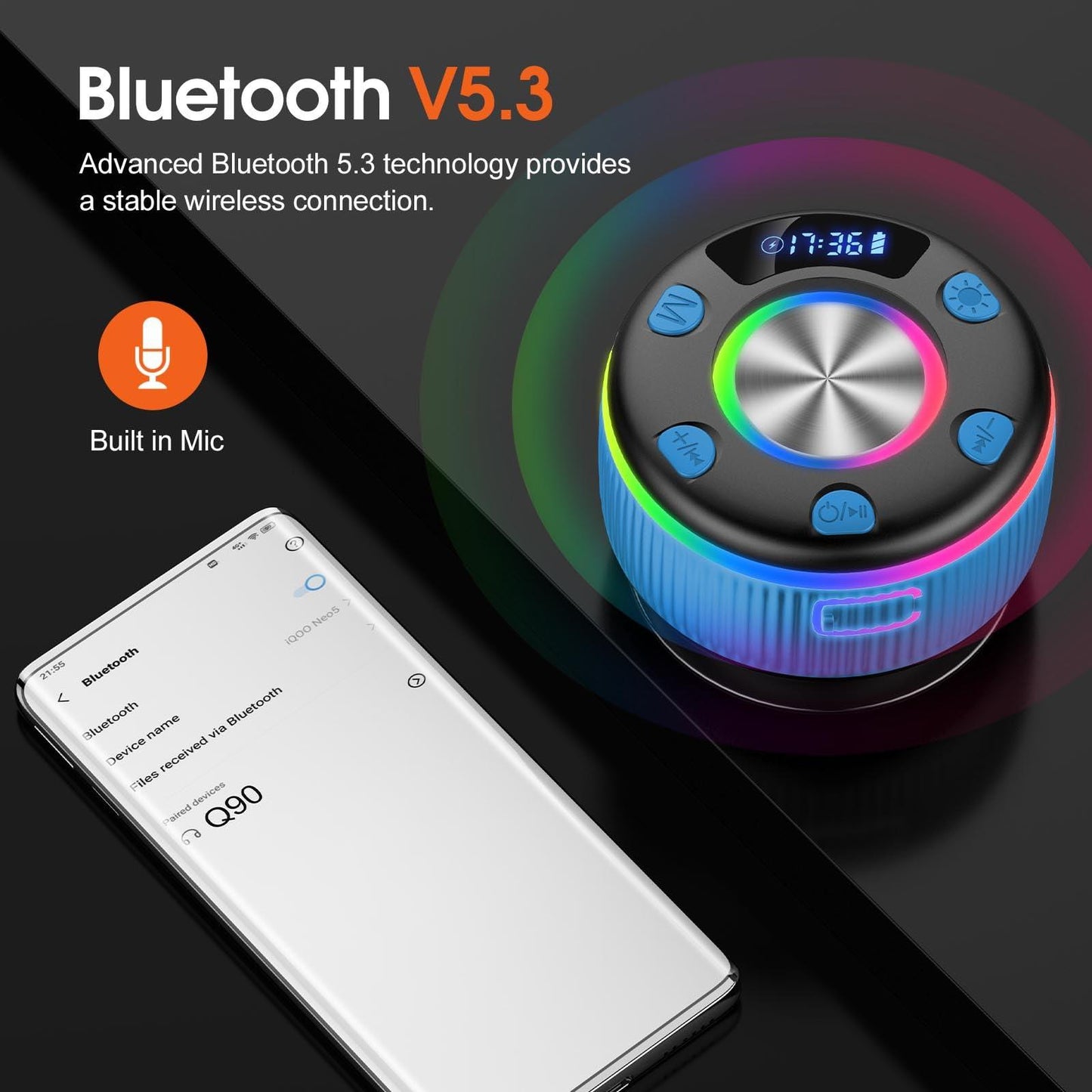 PRSCFUM Bluetooth Lautsprecher, Musikbox Bluetooth, Bluetooth 5.3 Box, IP7 wasserdichte Klein Lautsprecher mit Licht, Badezimmerlautsprecher mit Saugnapf, für Badezimmer, Party, Reisen (NEU) Alcovic