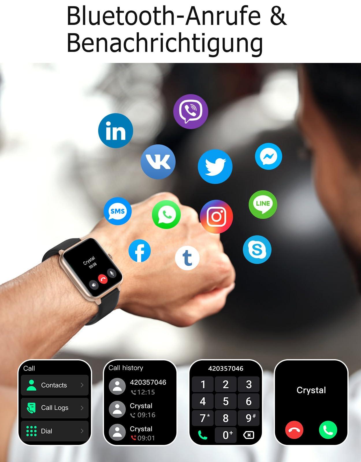 GRV Smartwatch für Damen Herren mit Telefonfunktion,Fitnessuhr mit Herzfrequenzmessung,SpO2,Schrittzähler,Schlafmonitor,Multi Trainingsmodi für iOS Android Handy Alcovic
