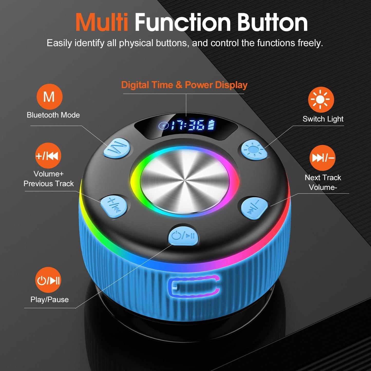 PRSCFUM Bluetooth Lautsprecher, Musikbox Bluetooth, Bluetooth 5.3 Box, IP7 wasserdichte Klein Lautsprecher mit Licht, Badezimmerlautsprecher mit Saugnapf, für Badezimmer, Party, Reisen (NEU) Alcovic