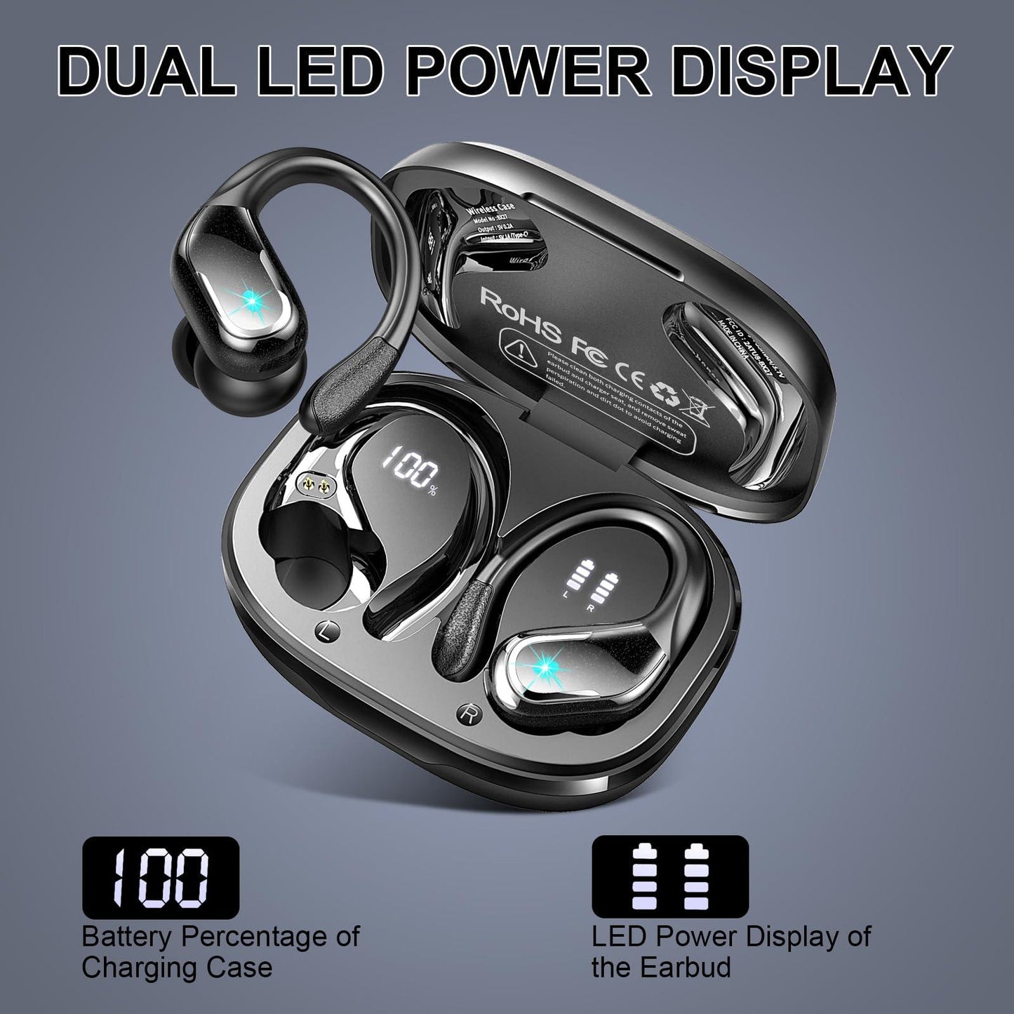Bluetooth Kopfhörer Sport, 75Std Kopfhörer Kabellos Bluetooth 5.4, HiFi Stereo Tiefer Bass Wireless Earbud, 4 ENC Noise Cancelling Mic, IP7 Wasserdicht in Ear Ohrhörer mit Ohrhaken, USB-C LED-Anzeige Alcovic