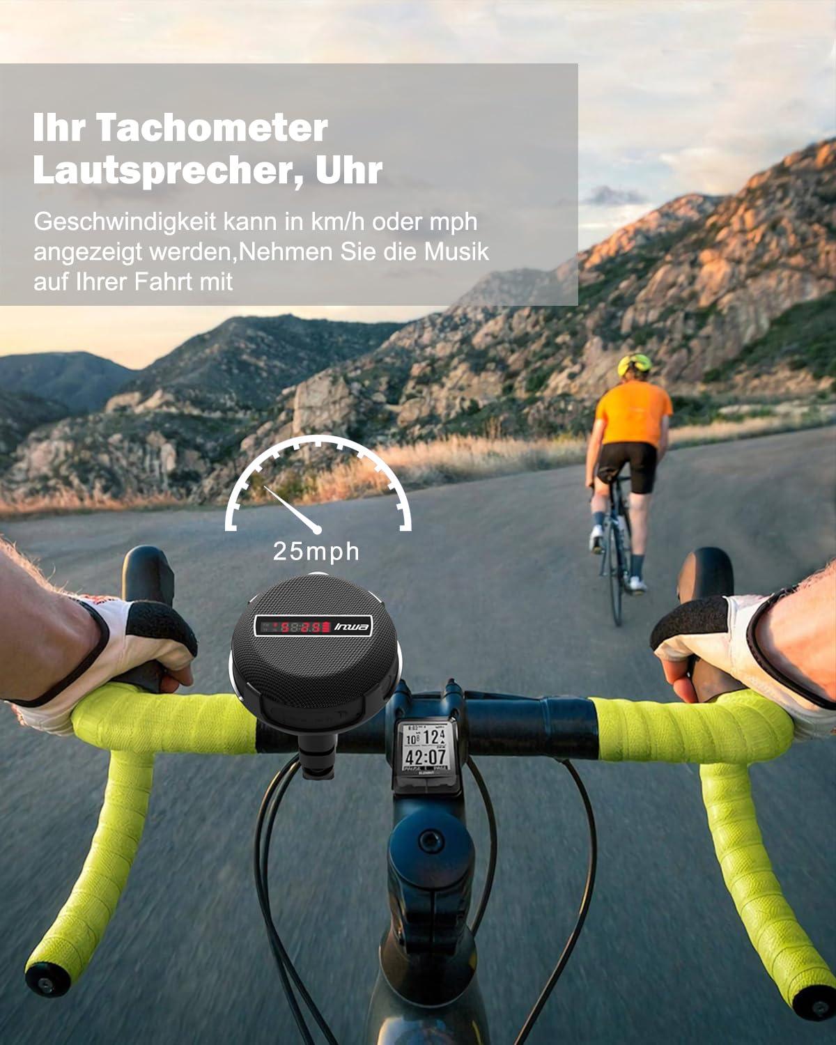 Inwa Bluetooth Fahrrad Lautsprecher Tragbarer, 5w8H IPX7 Ausgestattet Fahrradständer, Karabinerhaken, Eingebautes Mikrofon, TF-Kartenmodus, 480 Min Spielzeit(Geschwindigkeitsanzeige) Alcovic