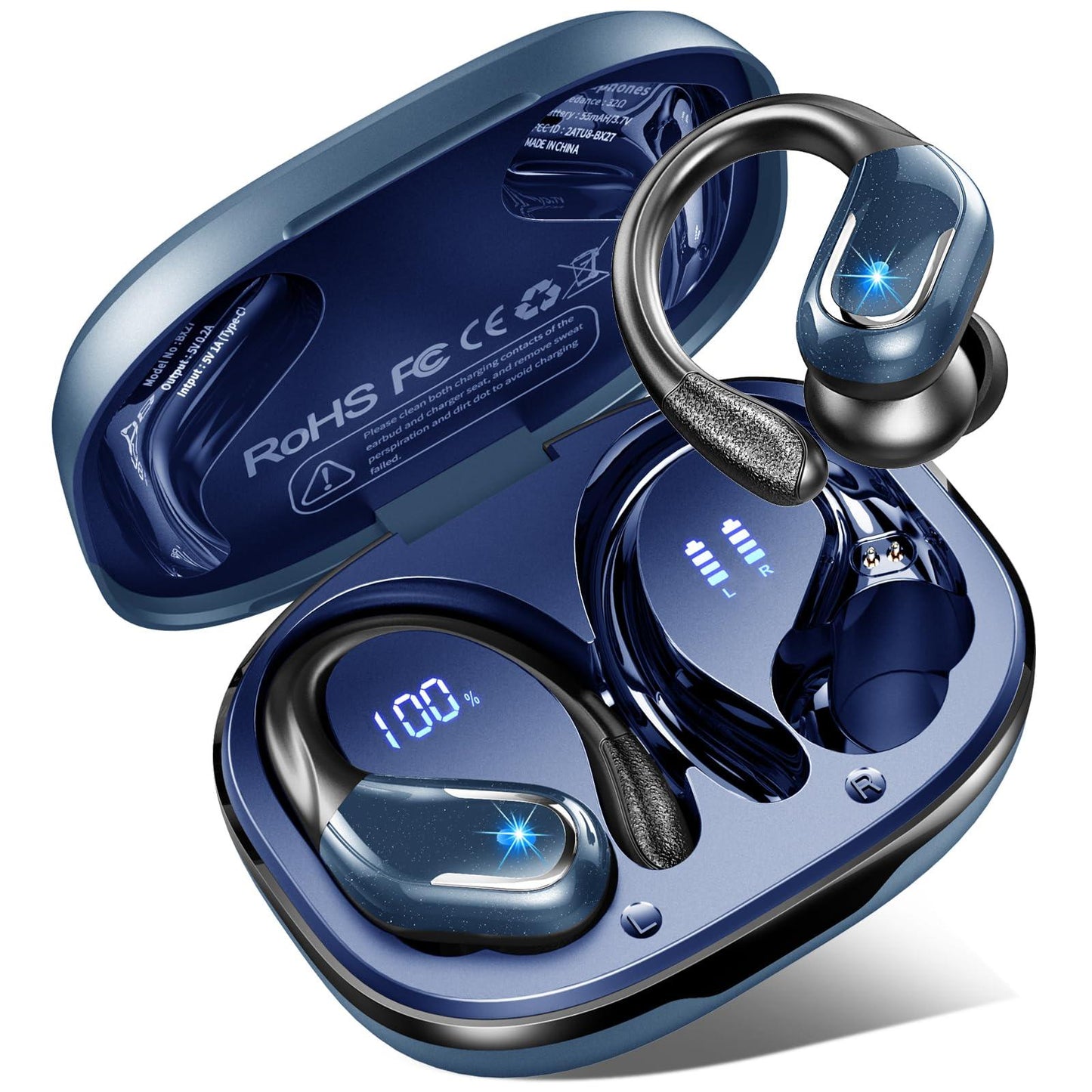 Bluetooth Kopfhörer Sport, 75Std Kopfhörer Kabellos Bluetooth 5.4, HiFi Stereo Tiefer Bass Wireless Earbud, 4 ENC Noise Cancelling Mic, IP7 Wasserdicht in Ear Ohrhörer mit Ohrhaken, USB-C LED-Anzeige Alcovic
