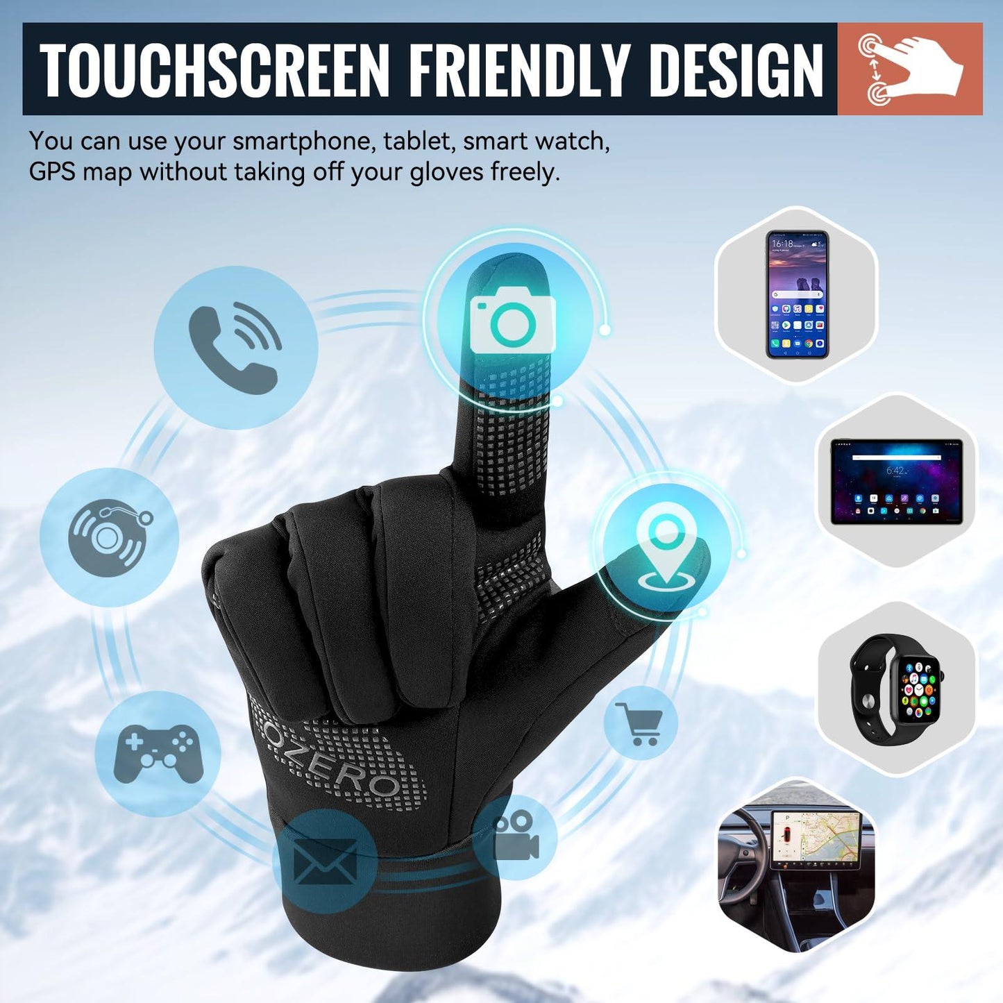 OZERO Herren Wasserdicht Thermohandschuhe, Touchscreen Winterhandschuhe Fahrhandschuhe Fahrradhandschuhe Laufhandschuhe Alcovic