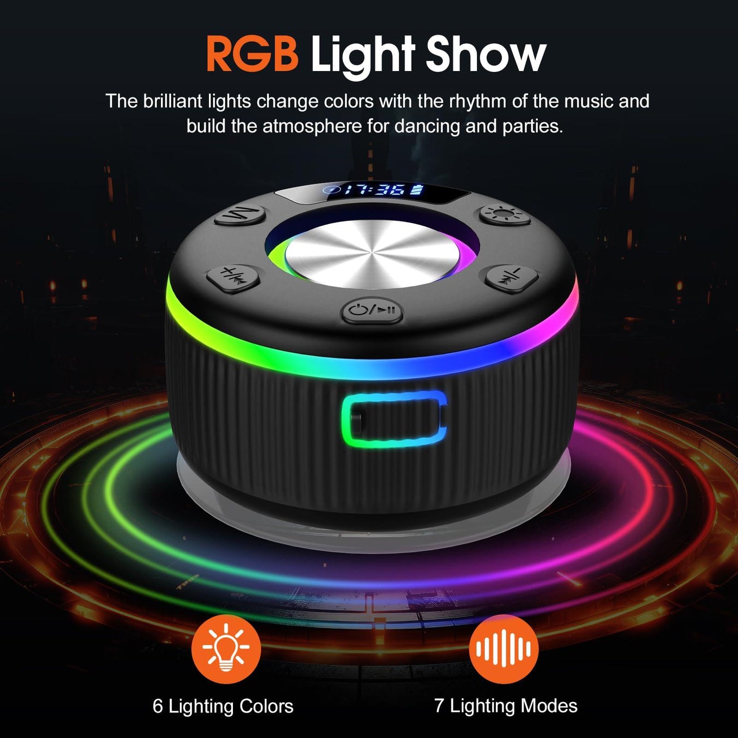 PRSCFUM Bluetooth Lautsprecher, Musikbox Bluetooth, Bluetooth 5.3 Box, IP7 wasserdichte Klein Lautsprecher mit Licht, Badezimmerlautsprecher mit Saugnapf, für Badezimmer, Party, Reisen (NEU) Alcovic