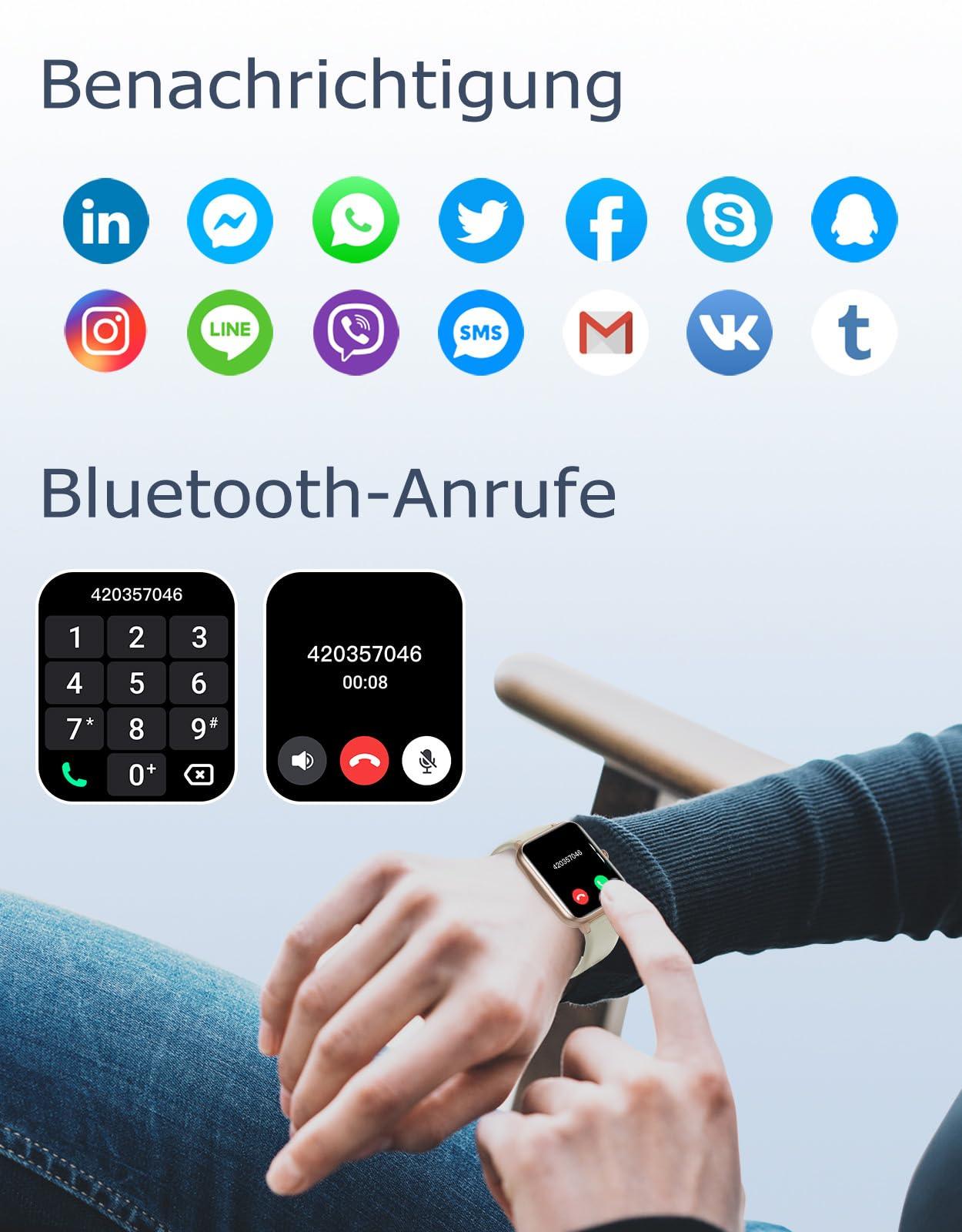 GRV Smartwatch für Damen Herren mit Telefonfunktion,Fitnessuhr mit Herzfrequenzmessung,SpO2,Schrittzähler,Schlafmonitor,Multi Trainingsmodi für iOS Android Handy Alcovic
