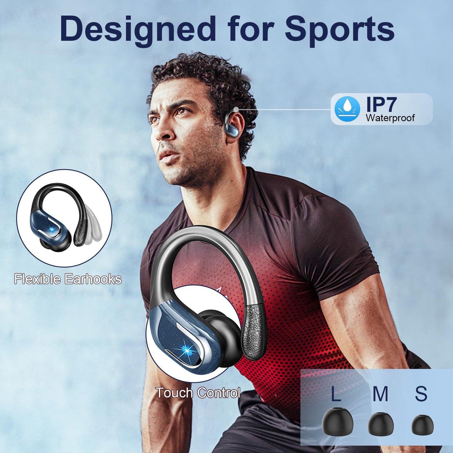 Bluetooth Kopfhörer Sport, 75Std Kopfhörer Kabellos Bluetooth 5.4, HiFi Stereo Tiefer Bass Wireless Earbud, 4 ENC Noise Cancelling Mic, IP7 Wasserdicht in Ear Ohrhörer mit Ohrhaken, USB-C LED-Anzeige Alcovic