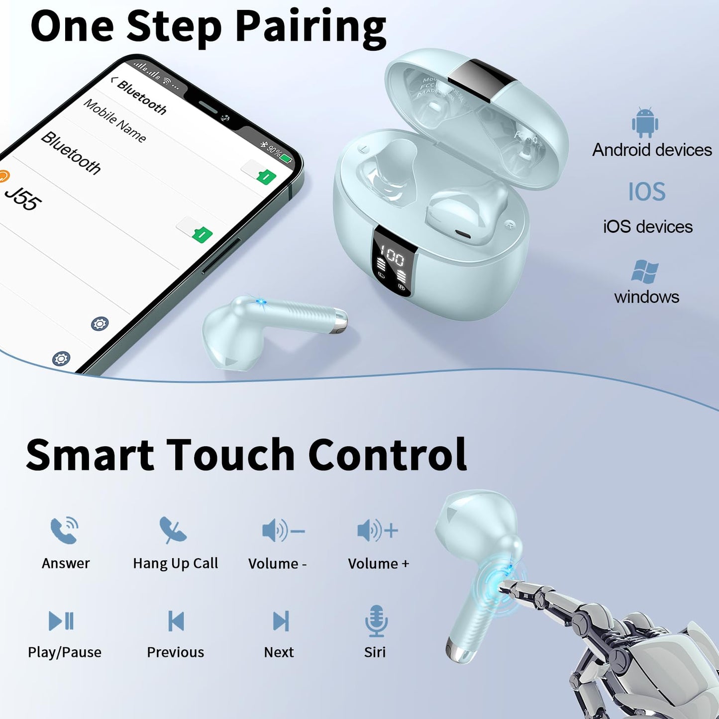 Bluetooth In-Ear Kopfhörer – Kabellos, Bluetooth 5.4, 48 h, 4 ENC Mics, Tiefer Bass, IPX7, USB-C, LED-Anzeige