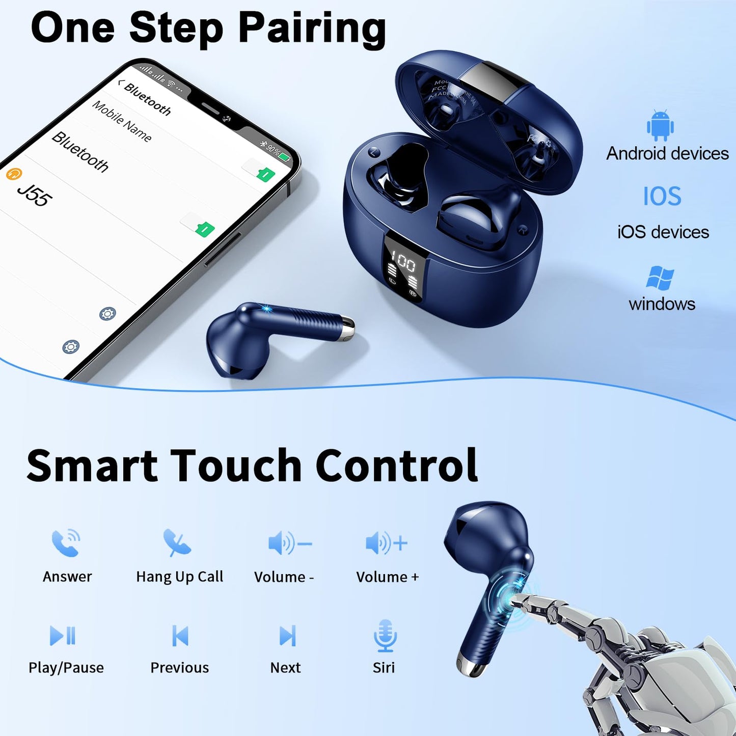 Bluetooth In-Ear Kopfhörer – Kabellos, Bluetooth 5.4, 48 h, 4 ENC Mics, Tiefer Bass, IPX7, USB-C, LED-Anzeige