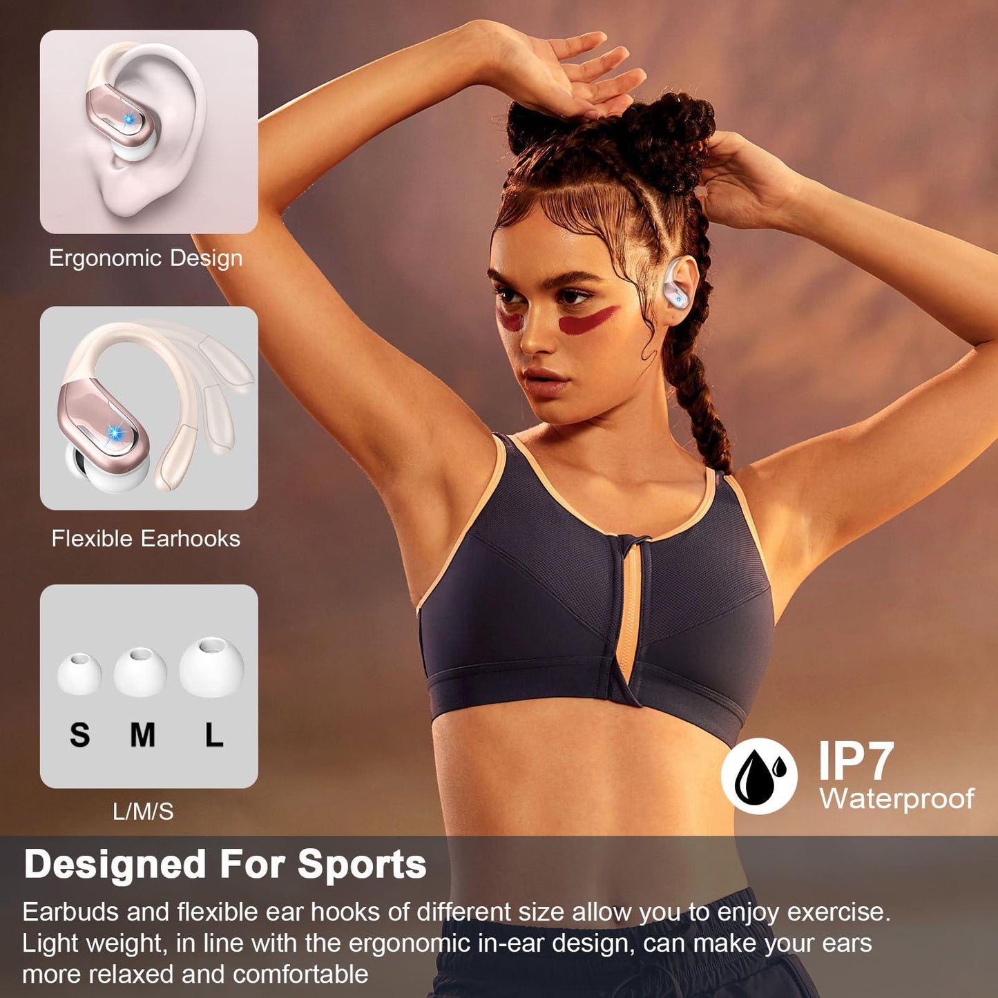 Bluetooth Kopfhörer Sport, 75Std Kopfhörer Kabellos Bluetooth 5.4, HiFi Stereo Tiefer Bass Wireless Earbud, 4 ENC Noise Cancelling Mic, IP7 Wasserdicht in Ear Ohrhörer mit Ohrhaken, USB-C LED-Anzeige Alcovic