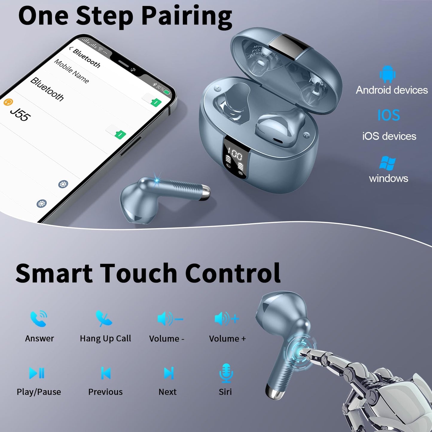 Bluetooth In-Ear Kopfhörer – Kabellos, Bluetooth 5.4, 48 h, 4 ENC Mics, Tiefer Bass, IPX7, USB-C, LED-Anzeige