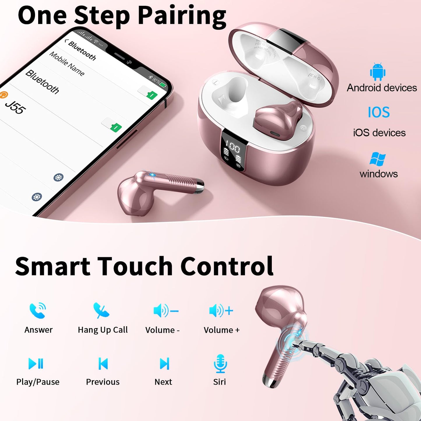 Bluetooth In-Ear Kopfhörer – Kabellos, Bluetooth 5.4, 48 h, 4 ENC Mics, Tiefer Bass, IPX7, USB-C, LED-Anzeige