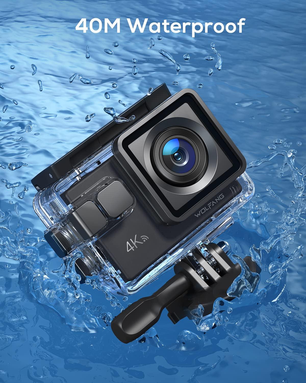 WOLFANG Action Cam 4K30FPS 20MP mit 32GB microSDXC Speicherkarte WiFi 40M Unterwasserkamera Wasserdicht EIS Actioncam Fernregler Mikrofon Zubehör Kit Alcovic