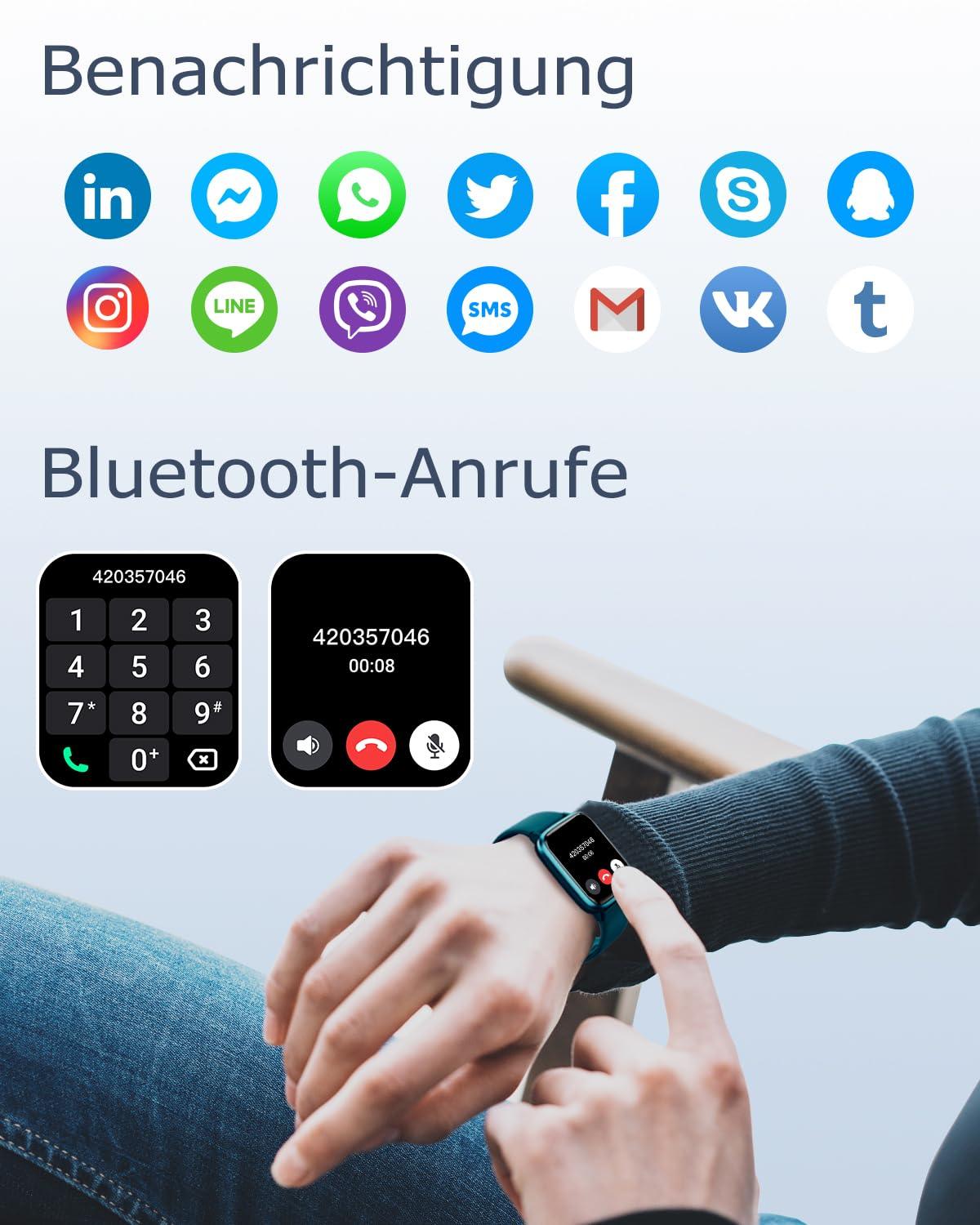 GRV Smartwatch für Damen Herren mit Telefonfunktion,Fitnessuhr mit Herzfrequenzmessung,SpO2,Schrittzähler,Schlafmonitor,Multi Trainingsmodi für iOS Android Handy Alcovic