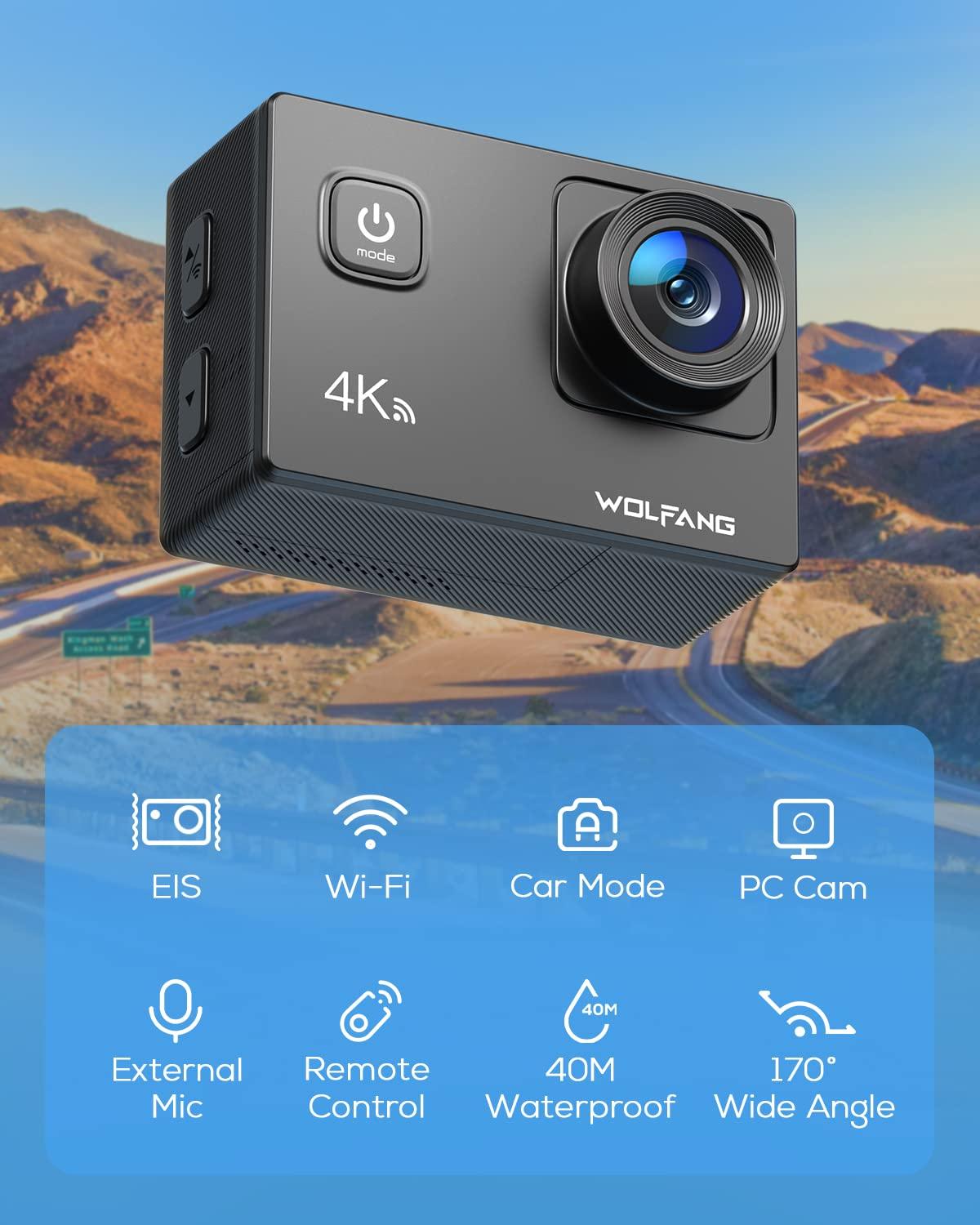 WOLFANG Action Cam 4K30FPS 20MP mit 32GB microSDXC Speicherkarte WiFi 40M Unterwasserkamera Wasserdicht EIS Actioncam Fernregler Mikrofon Zubehör Kit Alcovic