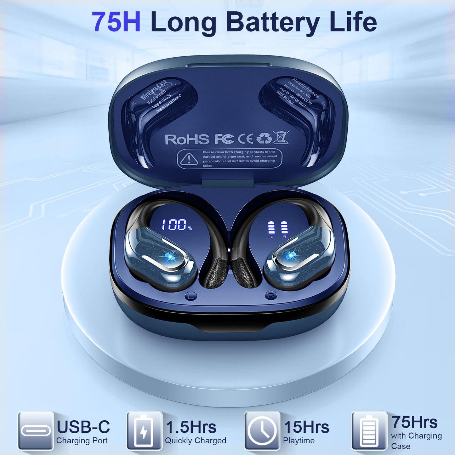 Bluetooth Kopfhörer Sport, 75Std Kopfhörer Kabellos Bluetooth 5.4, HiFi Stereo Tiefer Bass Wireless Earbud, 4 ENC Noise Cancelling Mic, IP7 Wasserdicht in Ear Ohrhörer mit Ohrhaken, USB-C LED-Anzeige - Alcovic