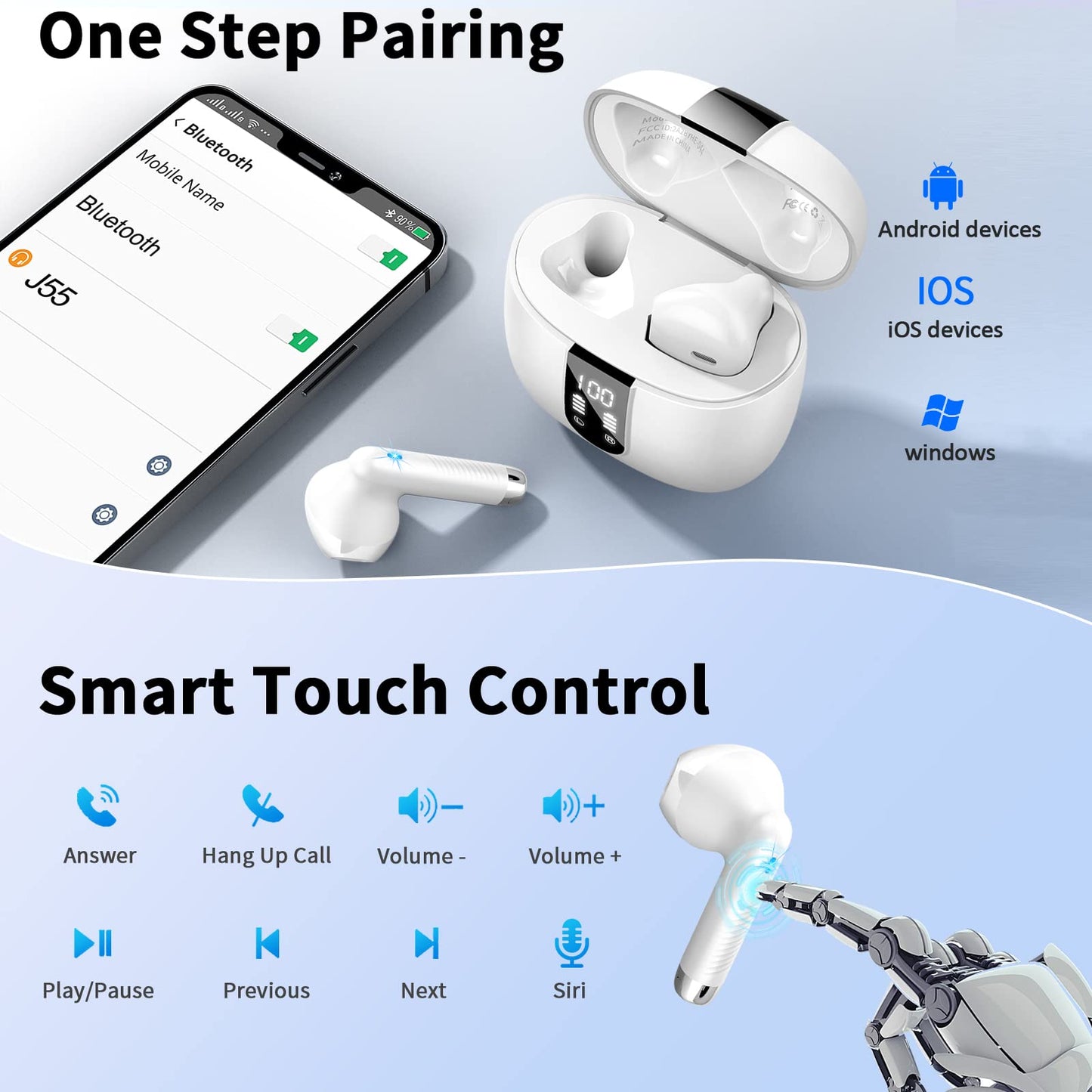 Bluetooth In-Ear Kopfhörer – Kabellos, Bluetooth 5.4, 48 h, 4 ENC Mics, Tiefer Bass, IPX7, USB-C, LED-Anzeige