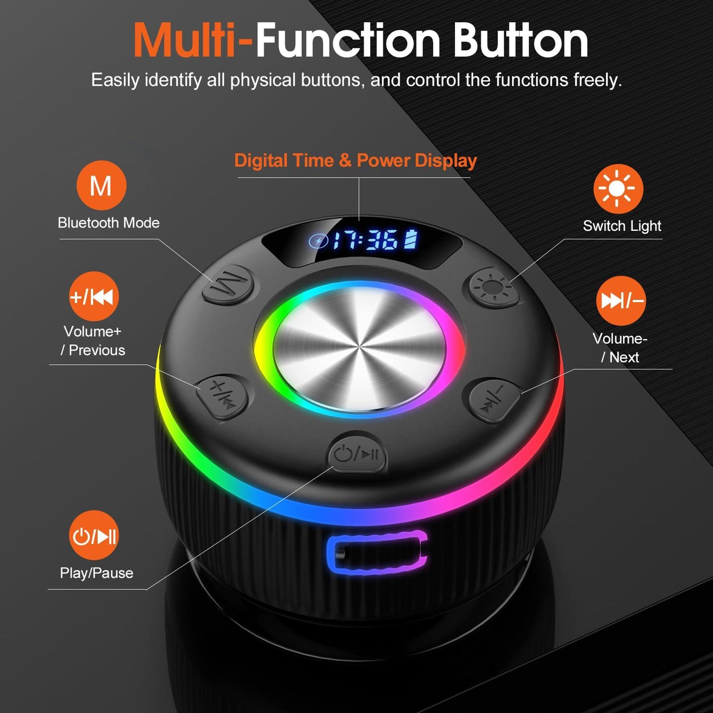 PRSCFUM Bluetooth Lautsprecher, Musikbox Bluetooth, Bluetooth 5.3 Box, IP7 wasserdichte Klein Lautsprecher mit Licht, Badezimmerlautsprecher mit Saugnapf, für Badezimmer, Party, Reisen (NEU) Alcovic