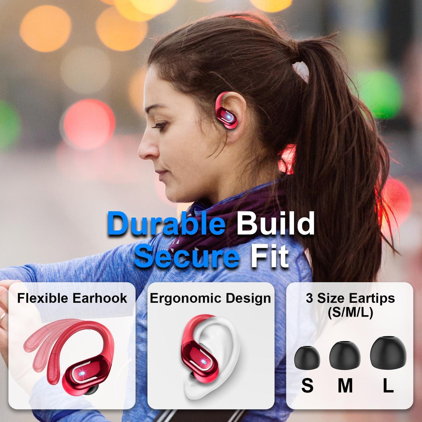 Bluetooth Kopfhörer Sport, 75Std Kopfhörer Kabellos Bluetooth 5.4, HiFi Stereo Tiefer Bass Wireless Earbud, 4 ENC Noise Cancelling Mic, IP7 Wasserdicht in Ear Ohrhörer mit Ohrhaken, USB-C LED-Anzeige - Alcovic