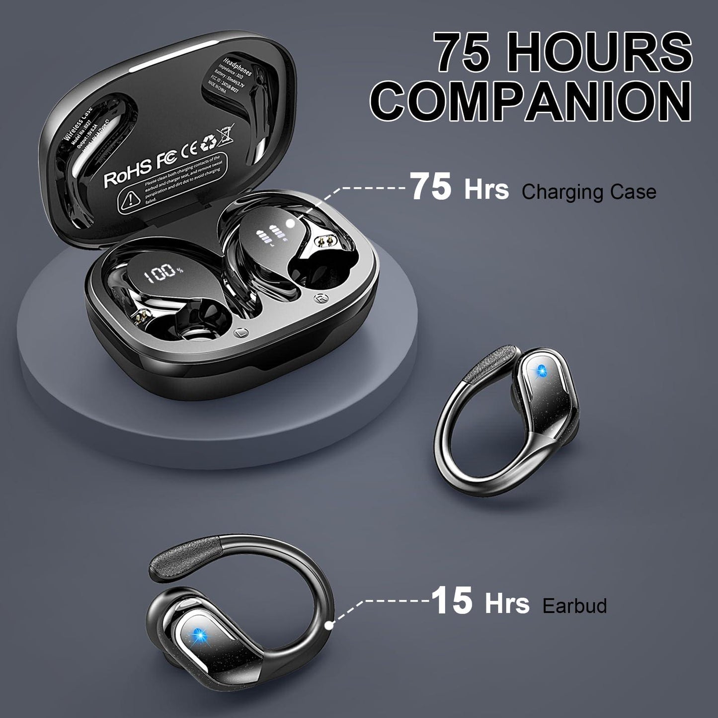 Bluetooth Kopfhörer Sport, 75Std Kopfhörer Kabellos Bluetooth 5.4, HiFi Stereo Tiefer Bass Wireless Earbud, 4 ENC Noise Cancelling Mic, IP7 Wasserdicht in Ear Ohrhörer mit Ohrhaken, USB-C LED-Anzeige - Alcovic