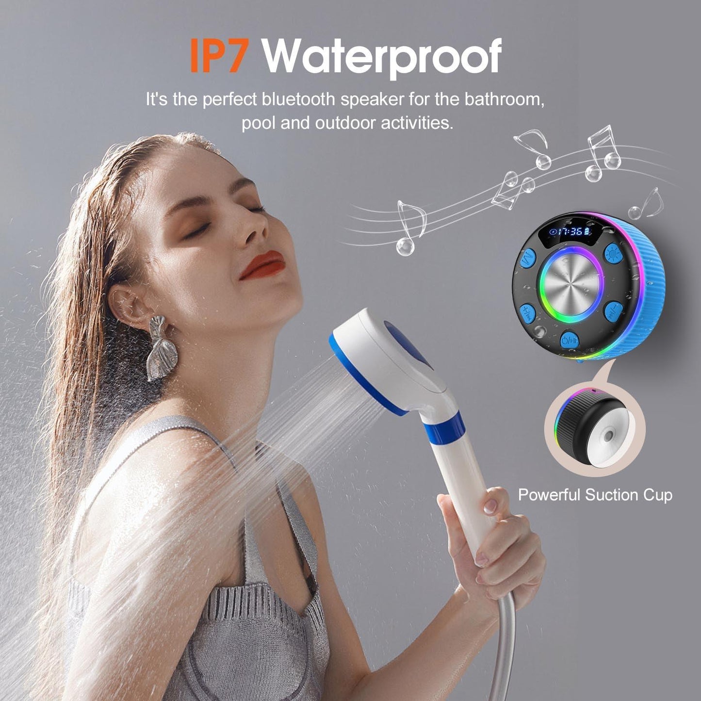 PRSCFUM Bluetooth Lautsprecher, Musikbox Bluetooth, Bluetooth 5.3 Box, IP7 wasserdichte Klein Lautsprecher mit Licht, Badezimmerlautsprecher mit Saugnapf, für Badezimmer, Party, Reisen (NEU) Alcovic