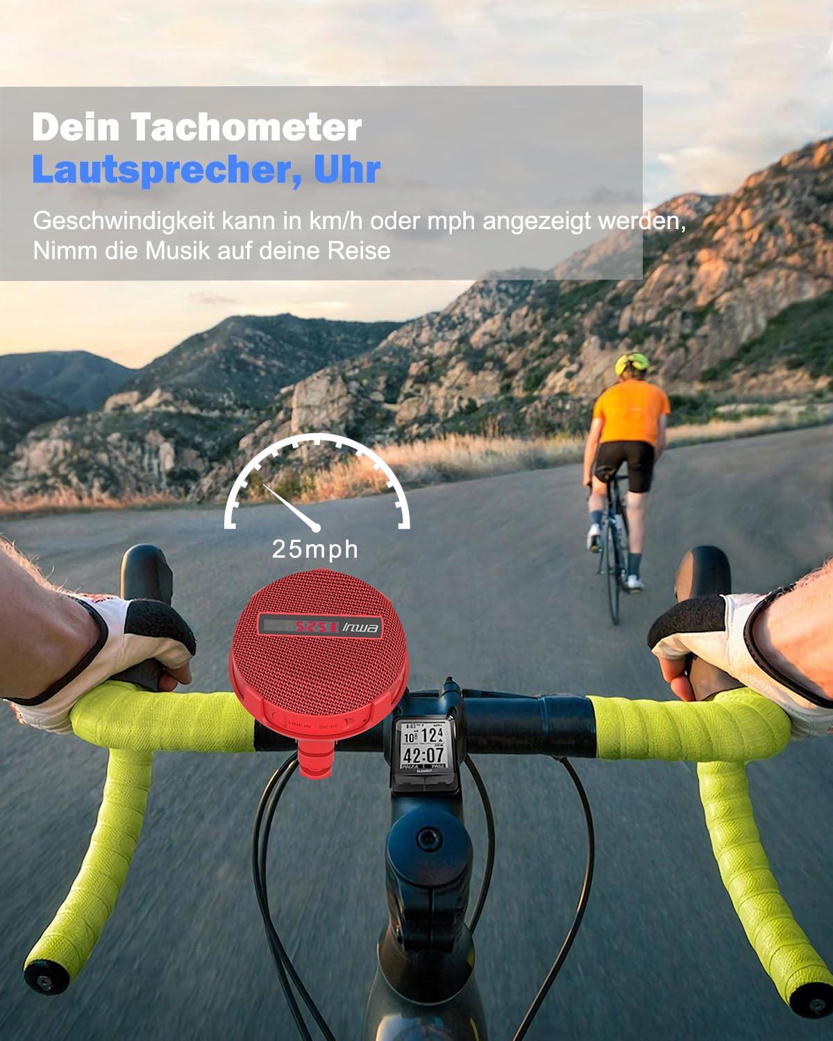 Inwa Bluetooth Fahrrad Lautsprecher Tragbarer, 5w8H IPX7 Ausgestattet Fahrradständer, Karabinerhaken, Eingebautes Mikrofon, TF-Kartenmodus, 480 Min Spielzeit(Geschwindigkeitsanzeige) Alcovic
