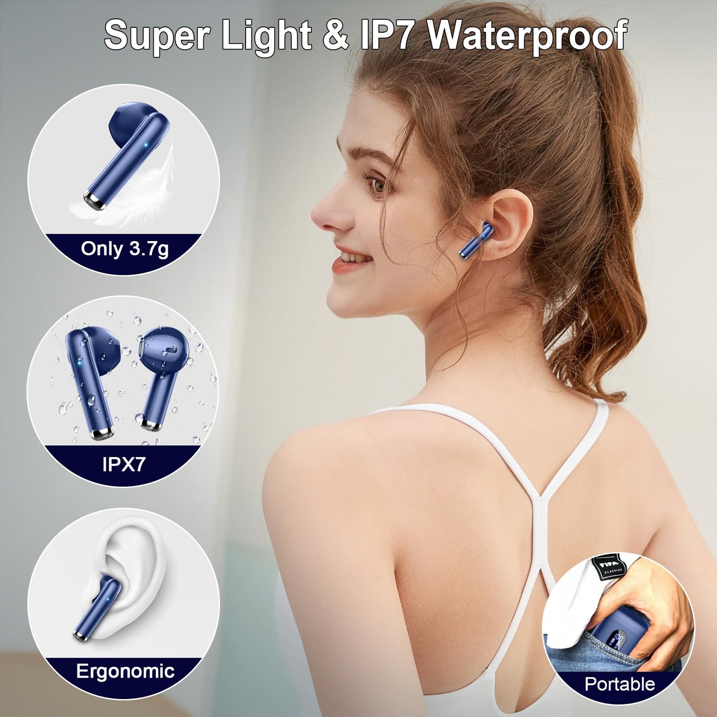 Bluetooth In-Ear Kopfhörer – Kabellos, Bluetooth 5.4, 48 h, 4 ENC Mics, Tiefer Bass, IPX7, USB-C, LED-Anzeige