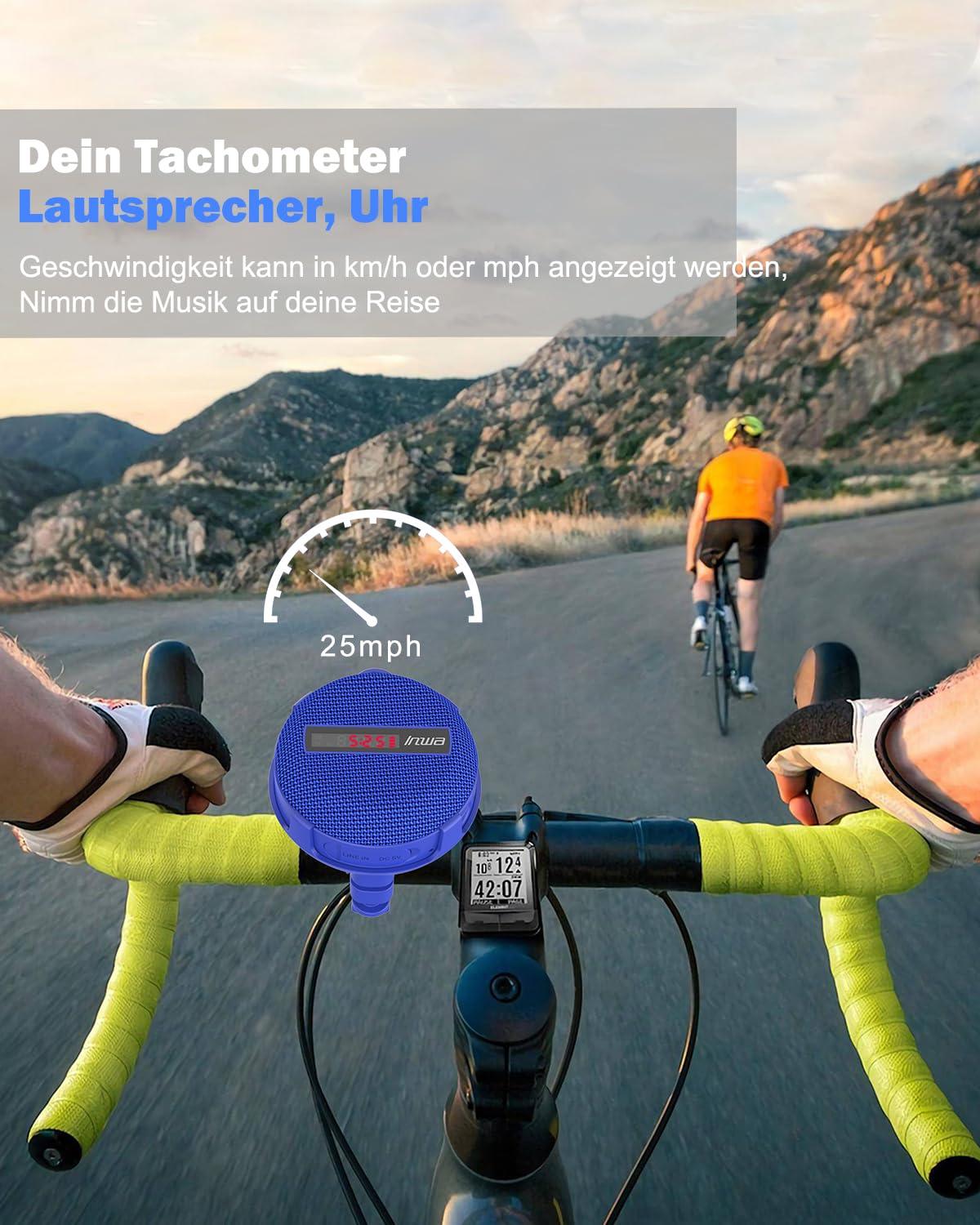 Inwa Bluetooth Fahrrad Lautsprecher Tragbarer, 5w8H IPX7 Ausgestattet Fahrradständer, Karabinerhaken, Eingebautes Mikrofon, TF-Kartenmodus, 480 Min Spielzeit(Geschwindigkeitsanzeige) Alcovic