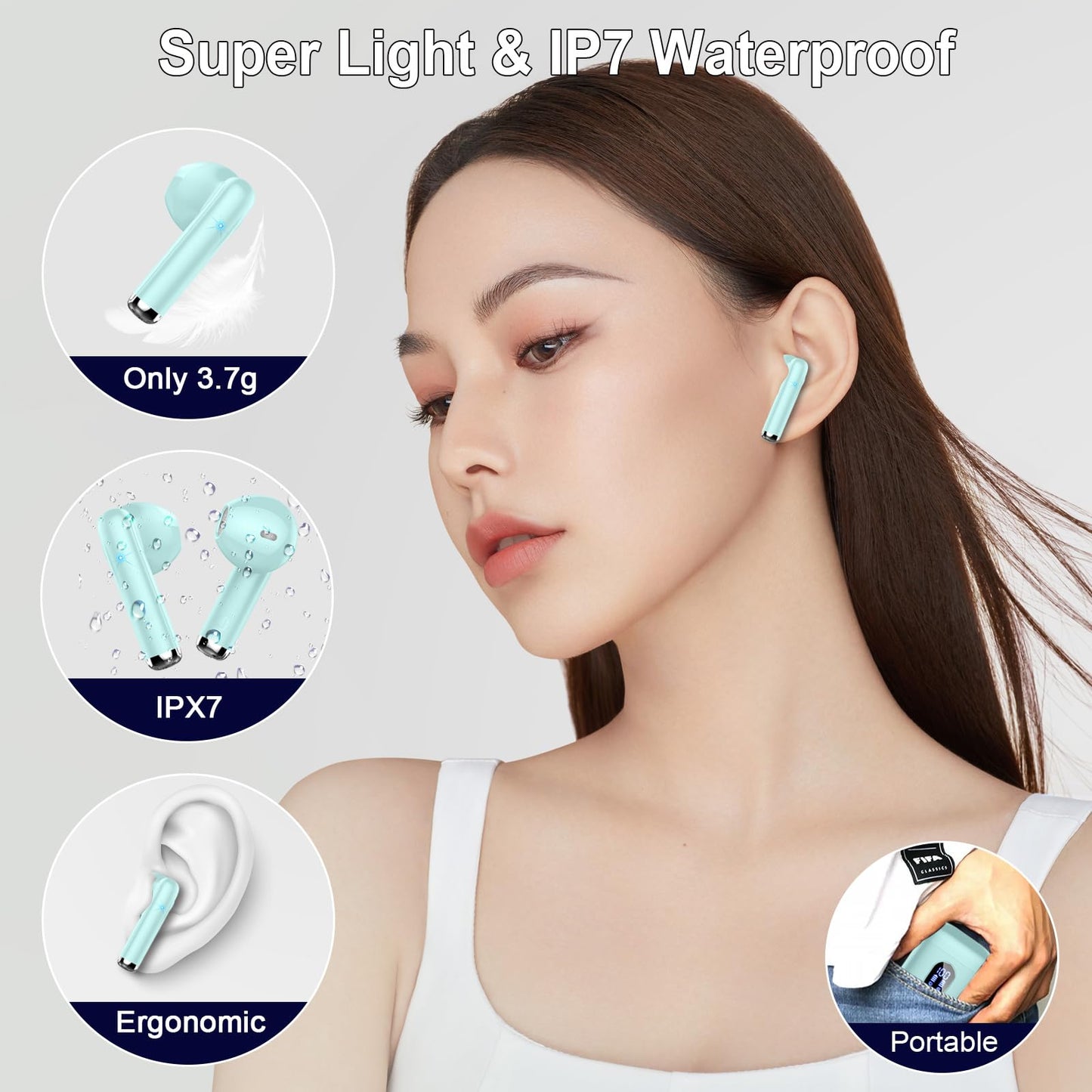 Bluetooth In-Ear Kopfhörer – Kabellos, Bluetooth 5.4, 48 h, 4 ENC Mics, Tiefer Bass, IPX7, USB-C, LED-Anzeige