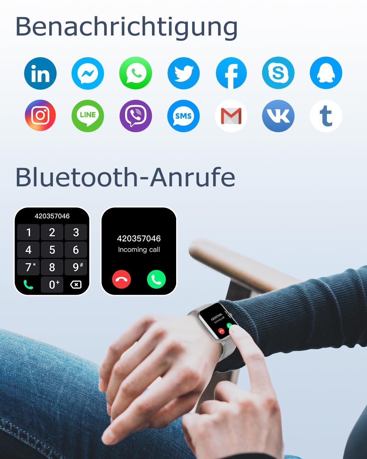 GRV Smartwatch für Damen Herren mit Telefonfunktion,Fitnessuhr mit Herzfrequenzmessung,SpO2,Schrittzähler,Schlafmonitor,Multi Trainingsmodi für iOS Android Handy Alcovic