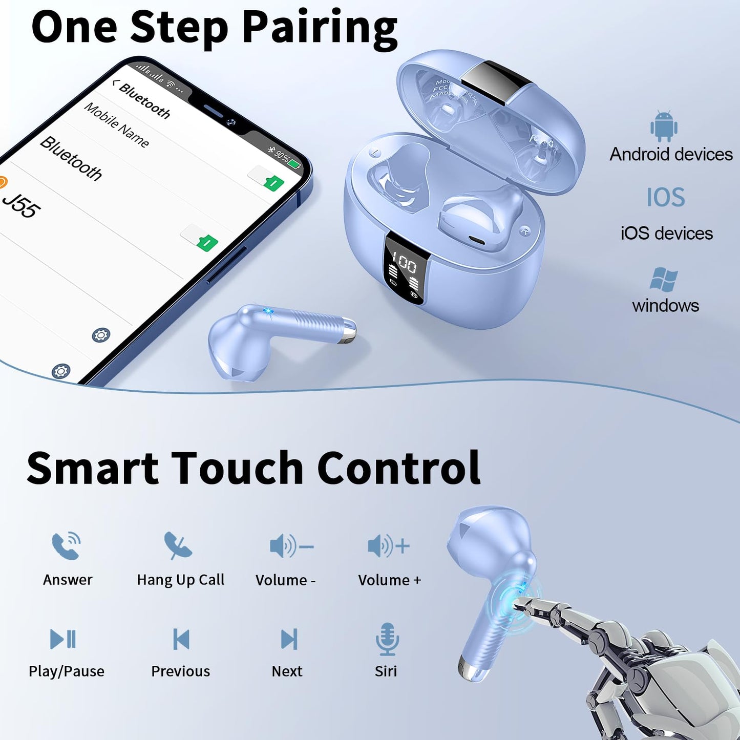 Bluetooth In-Ear Kopfhörer – Kabellos, Bluetooth 5.4, 48 h, 4 ENC Mics, Tiefer Bass, IPX7, USB-C, LED-Anzeige