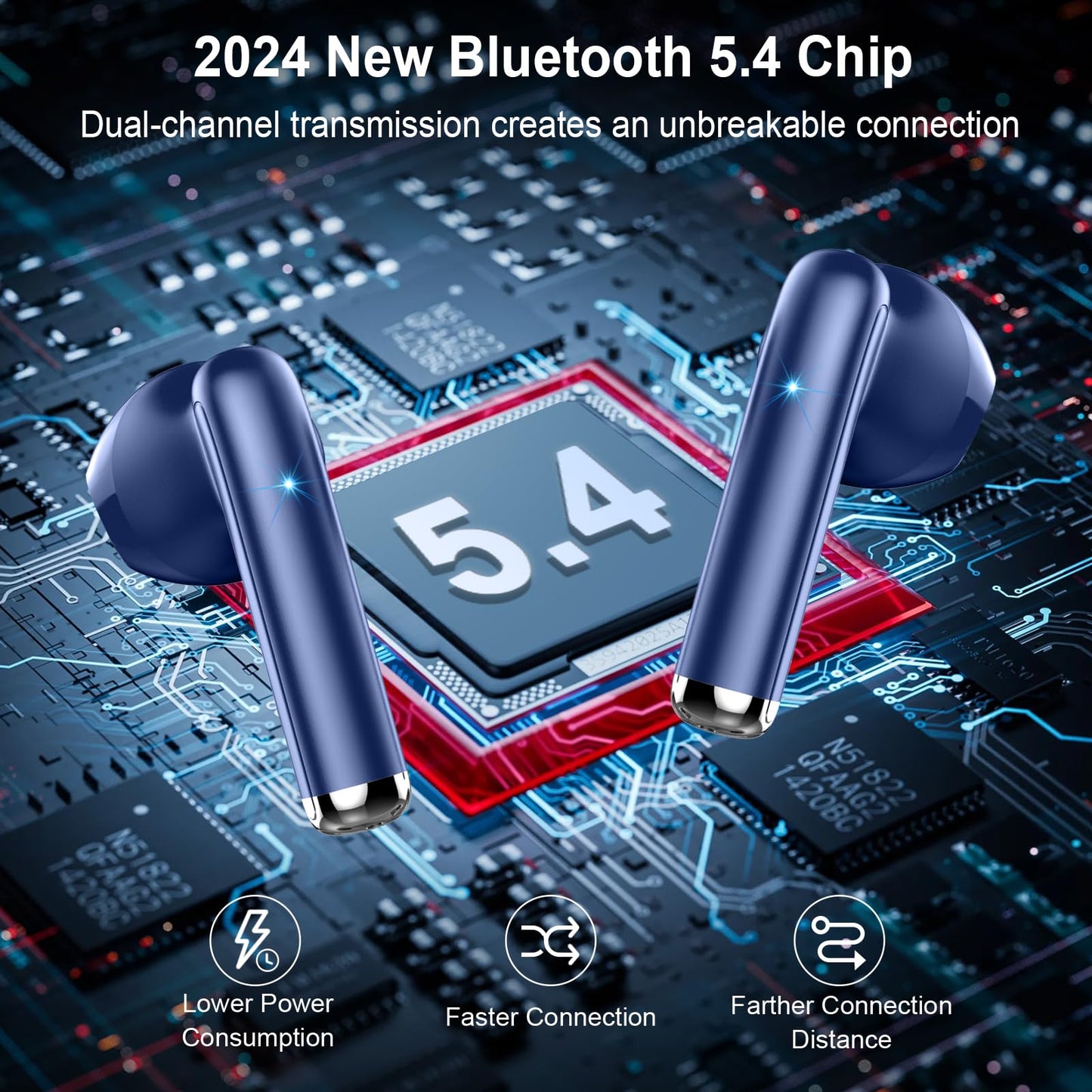 Bluetooth In-Ear Kopfhörer – Kabellos, Bluetooth 5.4, 48 h, 4 ENC Mics, Tiefer Bass, IPX7, USB-C, LED-Anzeige