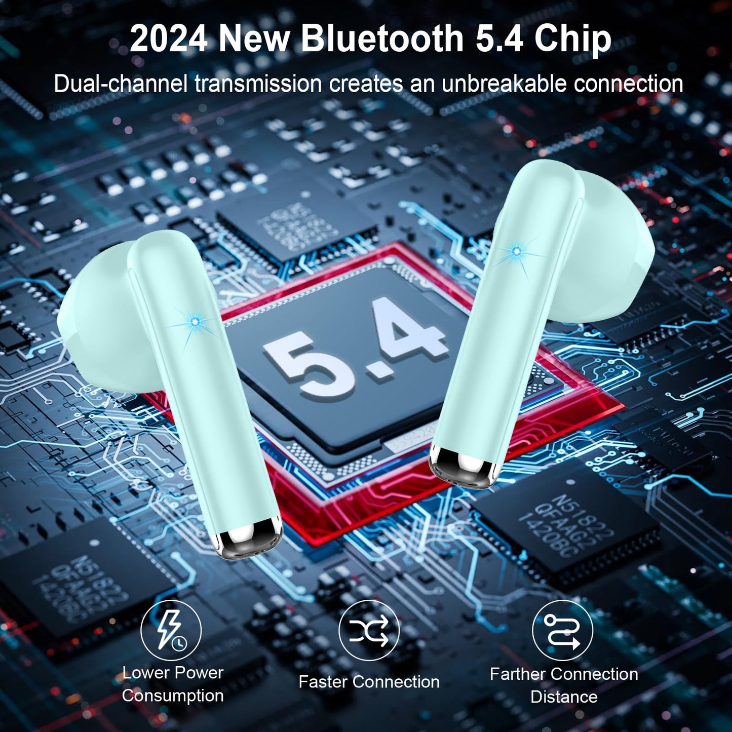 Bluetooth In-Ear Kopfhörer – Kabellos, Bluetooth 5.4, 48 h, 4 ENC Mics, Tiefer Bass, IPX7, USB-C, LED-Anzeige