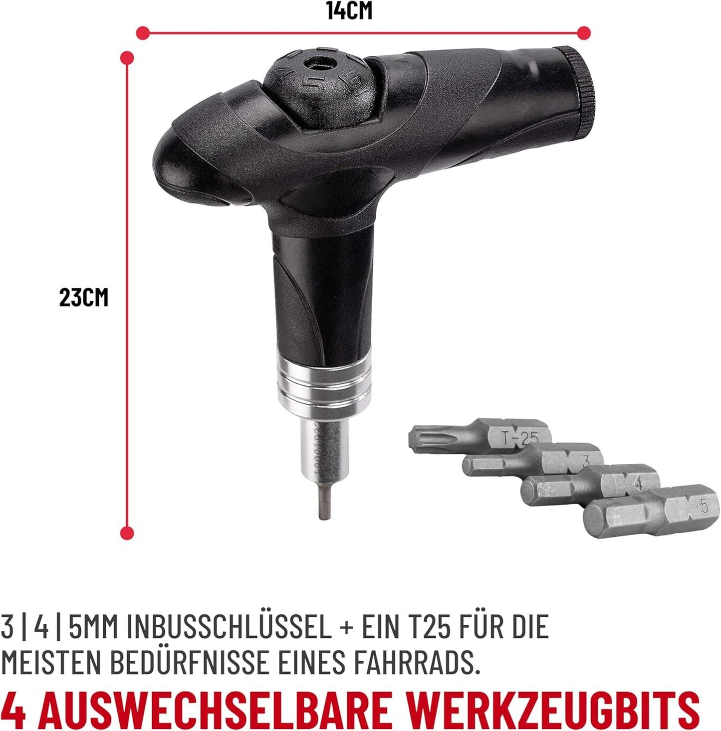 PRO BIKE TOOL Einstellbarer Drehmomentschlüssel Fahrrad 4, 5, 6 NM - Hochwertiges Fahrrad Multifunktionswerkzeug - Inklusive 3, 4, 5mm Allen & T25 Werkzeugbits - Fahrrad Drehmomentschlüssel Rennrad Alcovic