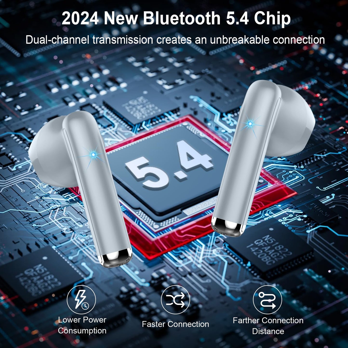 Bluetooth In-Ear Kopfhörer – Kabellos, Bluetooth 5.4, 48 h, 4 ENC Mics, Tiefer Bass, IPX7, USB-C, LED-Anzeige