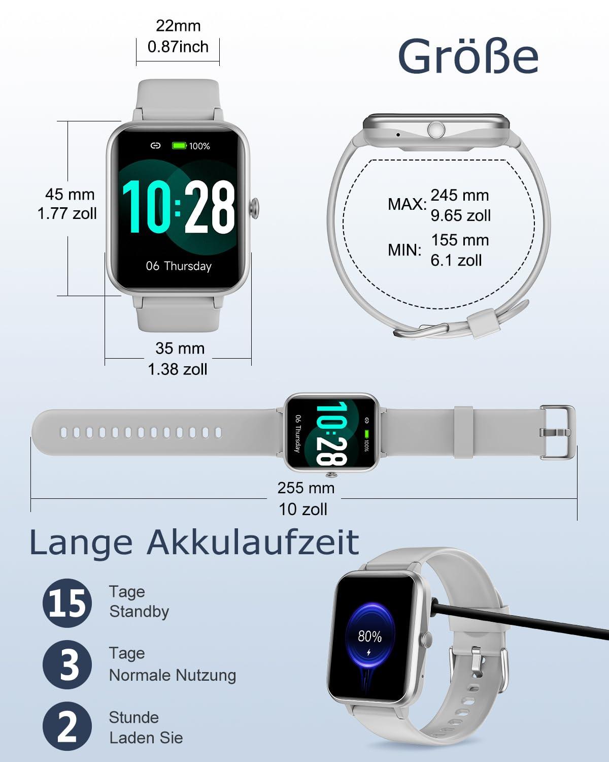GRV Smartwatch für Damen Herren mit Telefonfunktion,Fitnessuhr mit Herzfrequenzmessung,SpO2,Schrittzähler,Schlafmonitor,Multi Trainingsmodi für iOS Android Handy Alcovic