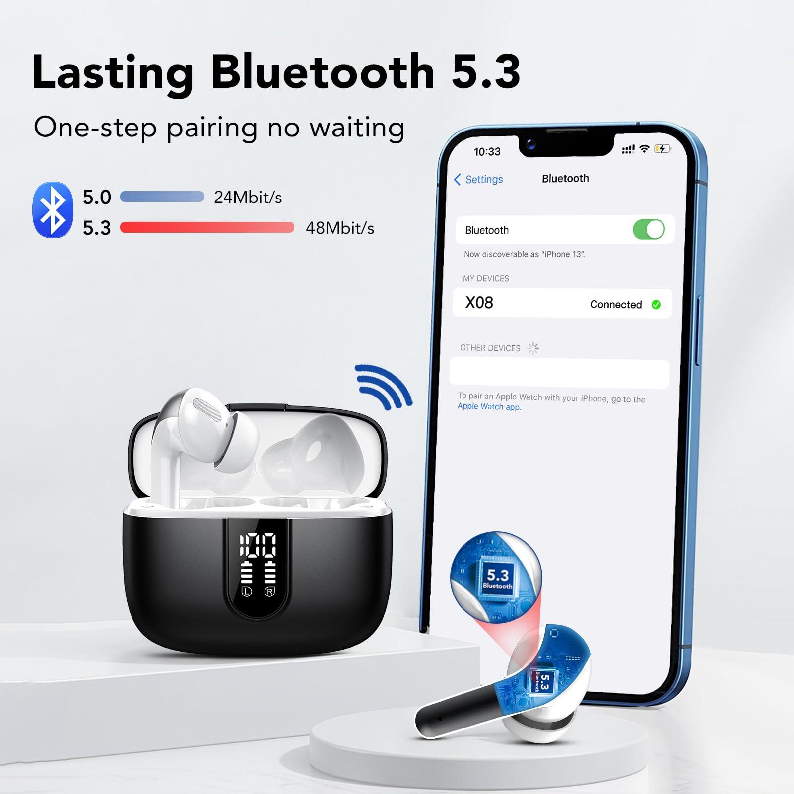 Bluetooth Kopfhörer, In Ear Kopfhörer Kabellos Bluetooth 5.3 mit 50H Tiefer Bass, 2024 Neue Kabellose Kopfhörer Noise Cancelling Earbuds mit 4 ENC Mic, IPX7 Wasserdicht Ohrhörer, USB-C Alcovic