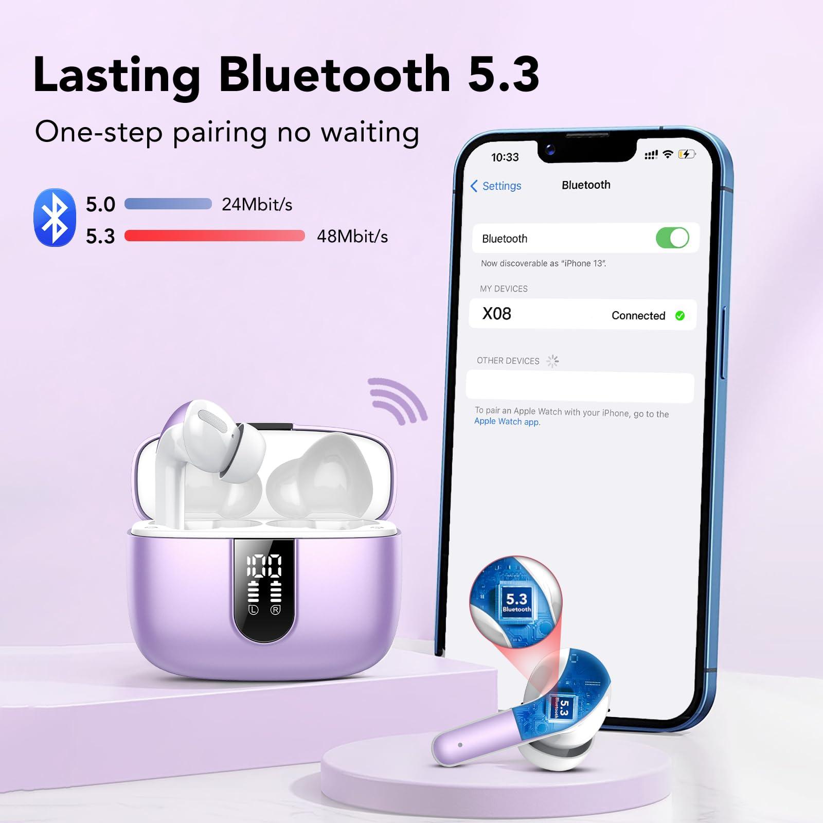 Bluetooth Kopfhörer, In Ear Kopfhörer Kabellos Bluetooth 5.3 mit 50H Tiefer Bass, 2024 Neue Kabellose Kopfhörer Noise Cancelling Earbuds mit 4 ENC Mic, IPX7 Wasserdicht Ohrhörer, USB-C Alcovic