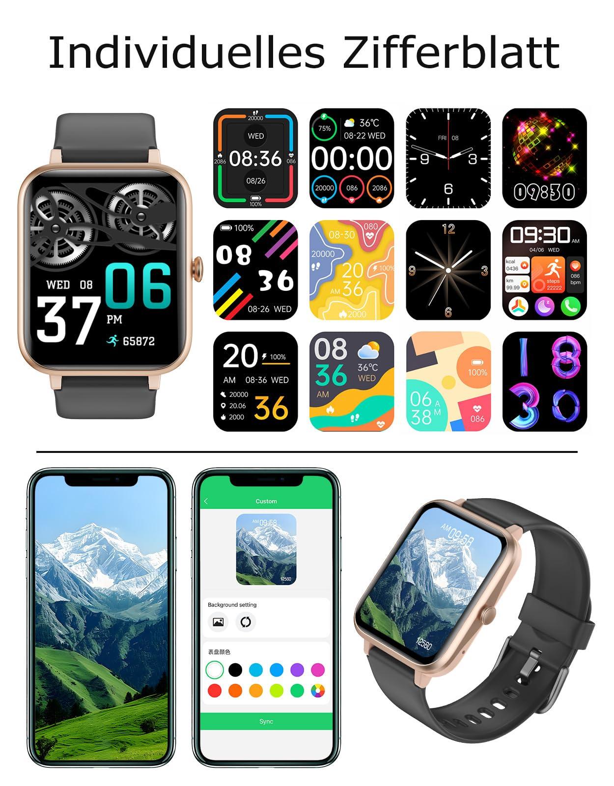 GRV Smartwatch für Damen Herren mit Telefonfunktion,Fitnessuhr mit Herzfrequenzmessung,SpO2,Schrittzähler,Schlafmonitor,Multi Trainingsmodi für iOS Android Handy Alcovic