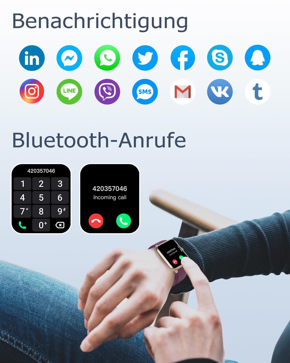 GRV Smartwatch für Damen Herren mit Telefonfunktion,Fitnessuhr mit Herzfrequenzmessung,SpO2,Schrittzähler,Schlafmonitor,Multi Trainingsmodi für iOS Android Handy Alcovic