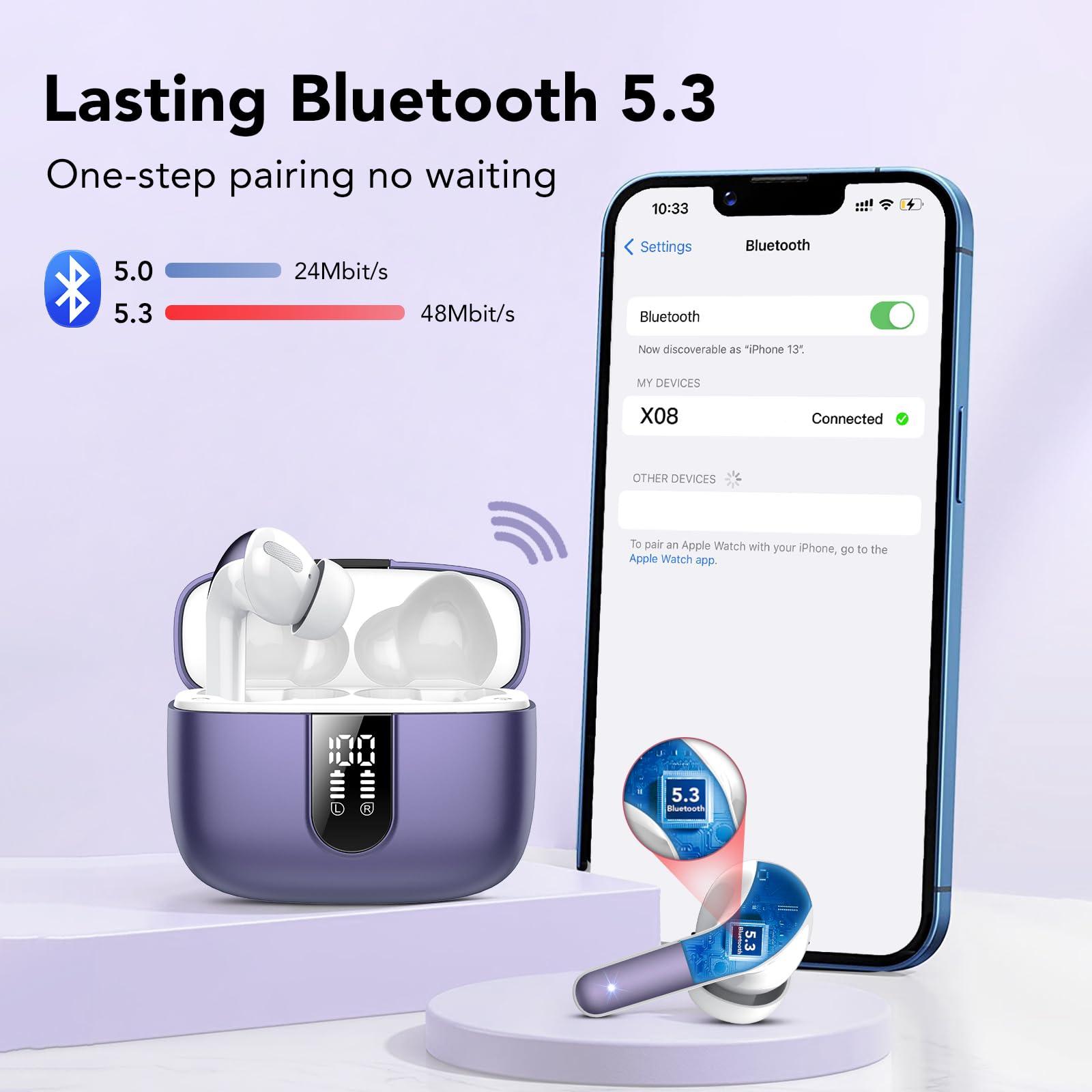 Bluetooth Kopfhörer, In Ear Kopfhörer Kabellos Bluetooth 5.3 mit 50H Tiefer Bass, 2024 Neue Kabellose Kopfhörer Noise Cancelling Earbuds mit 4 ENC Mic, IPX7 Wasserdicht Ohrhörer, USB-C Alcovic
