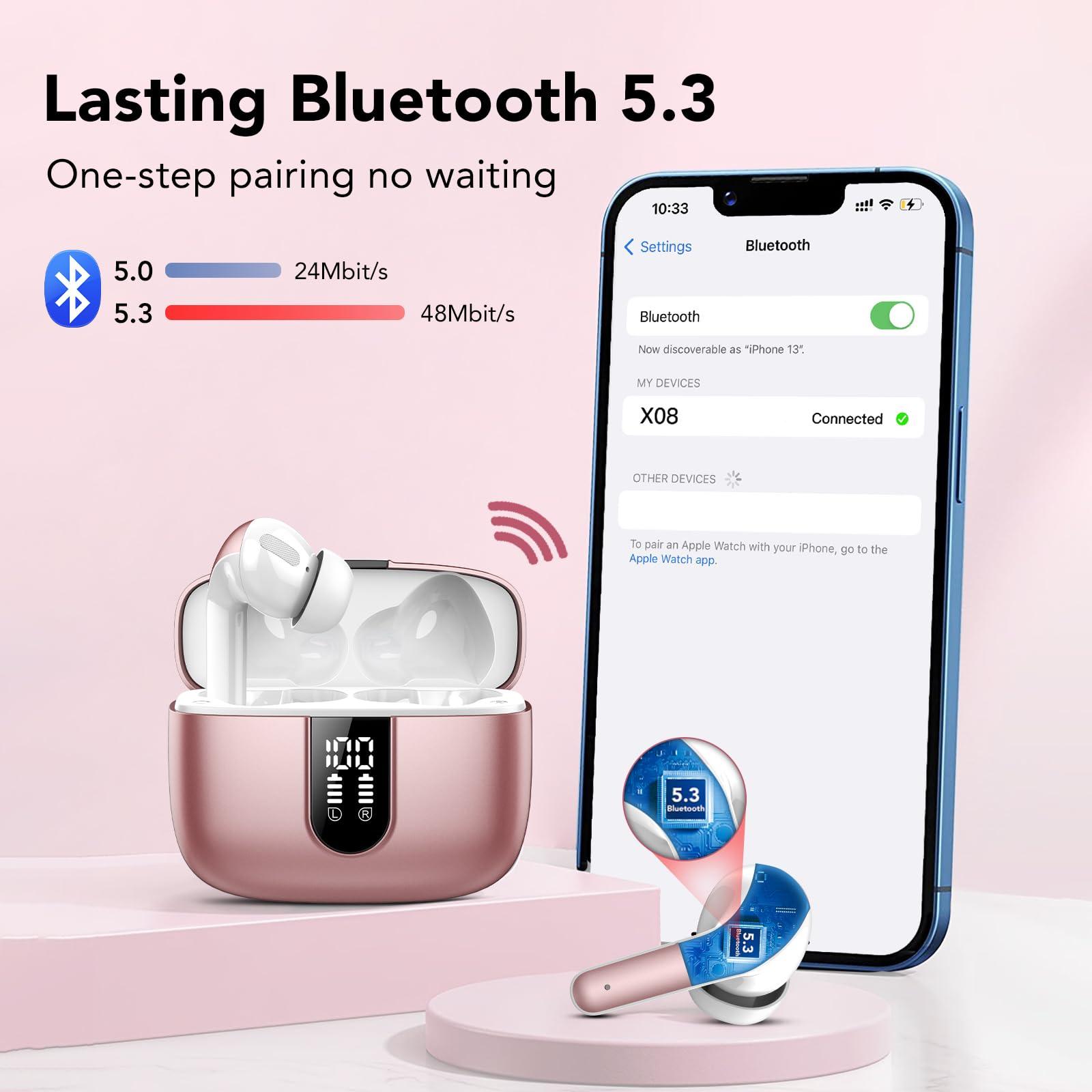 Bluetooth Kopfhörer, In Ear Kopfhörer Kabellos Bluetooth 5.3 mit 50H Tiefer Bass, 2024 Neue Kabellose Kopfhörer Noise Cancelling Earbuds mit 4 ENC Mic, IPX7 Wasserdicht Ohrhörer, USB-C Alcovic