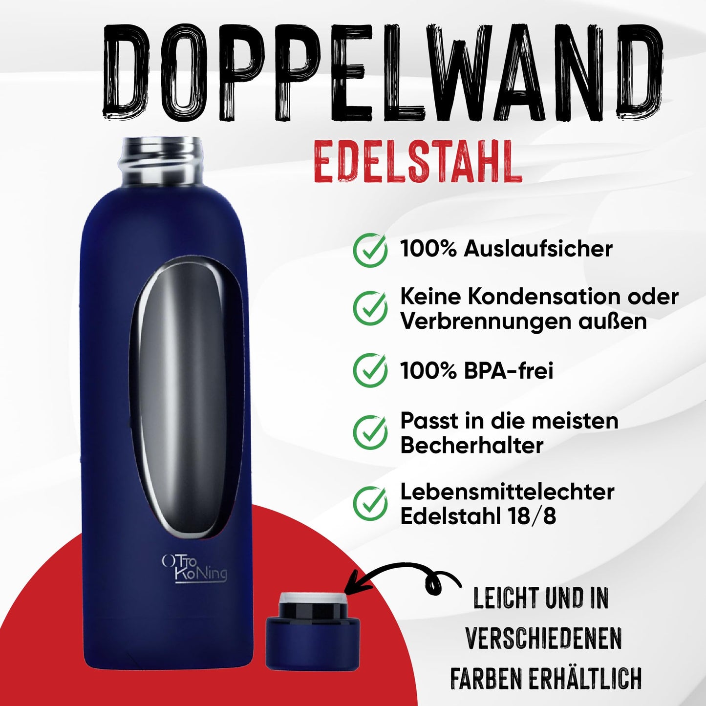 Otto Koning Edelstahl Trinkflasche 500ml – Doppelwandig, Vakuumisoliert, Hält Getränke 24h Kalt & 12h Heiß, BPA-frei
