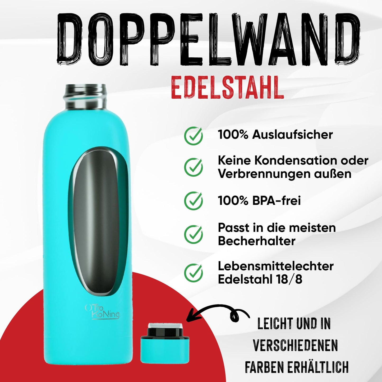 Otto Koning Edelstahl Trinkflasche 500ml – Doppelwandig, Vakuumisoliert, Hält Getränke 24h Kalt & 12h Heiß, BPA-frei