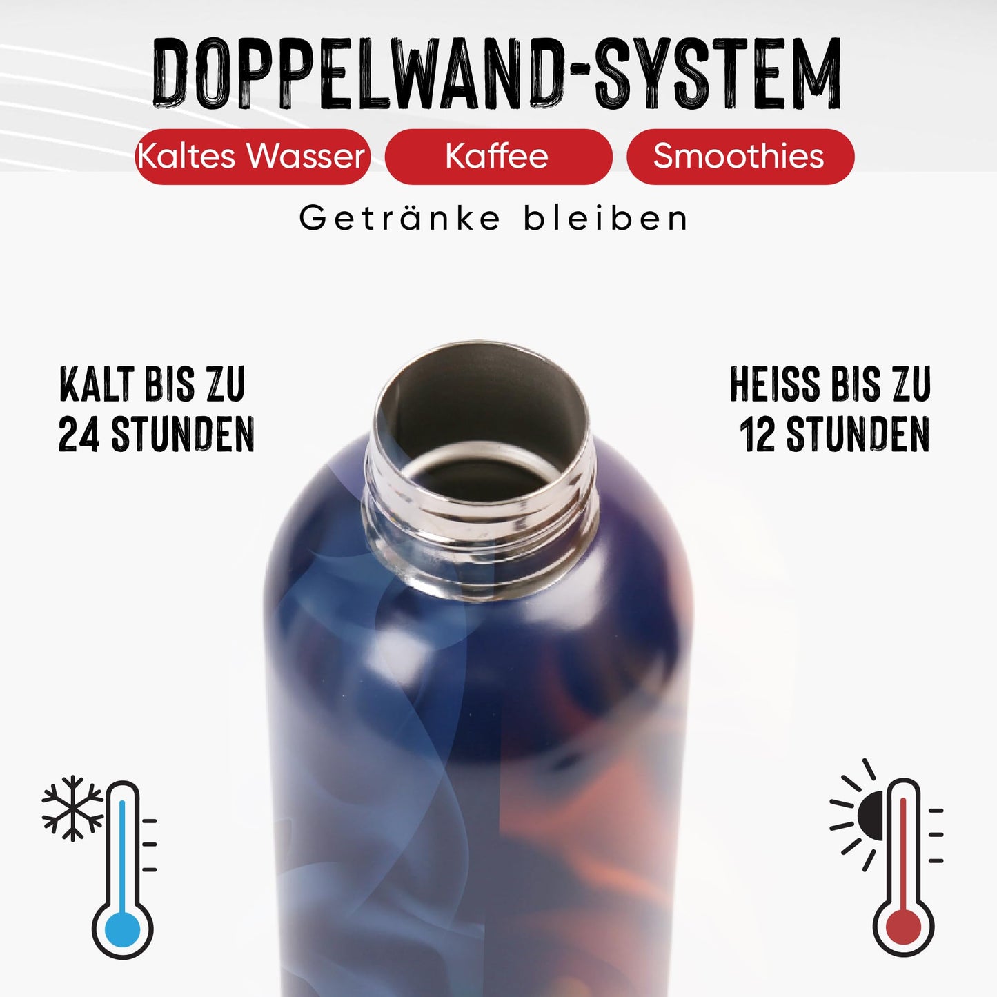 Otto Koning Edelstahl Trinkflasche 500ml – Doppelwandig, Vakuumisoliert, Hält Getränke 24h Kalt & 12h Heiß, BPA-frei